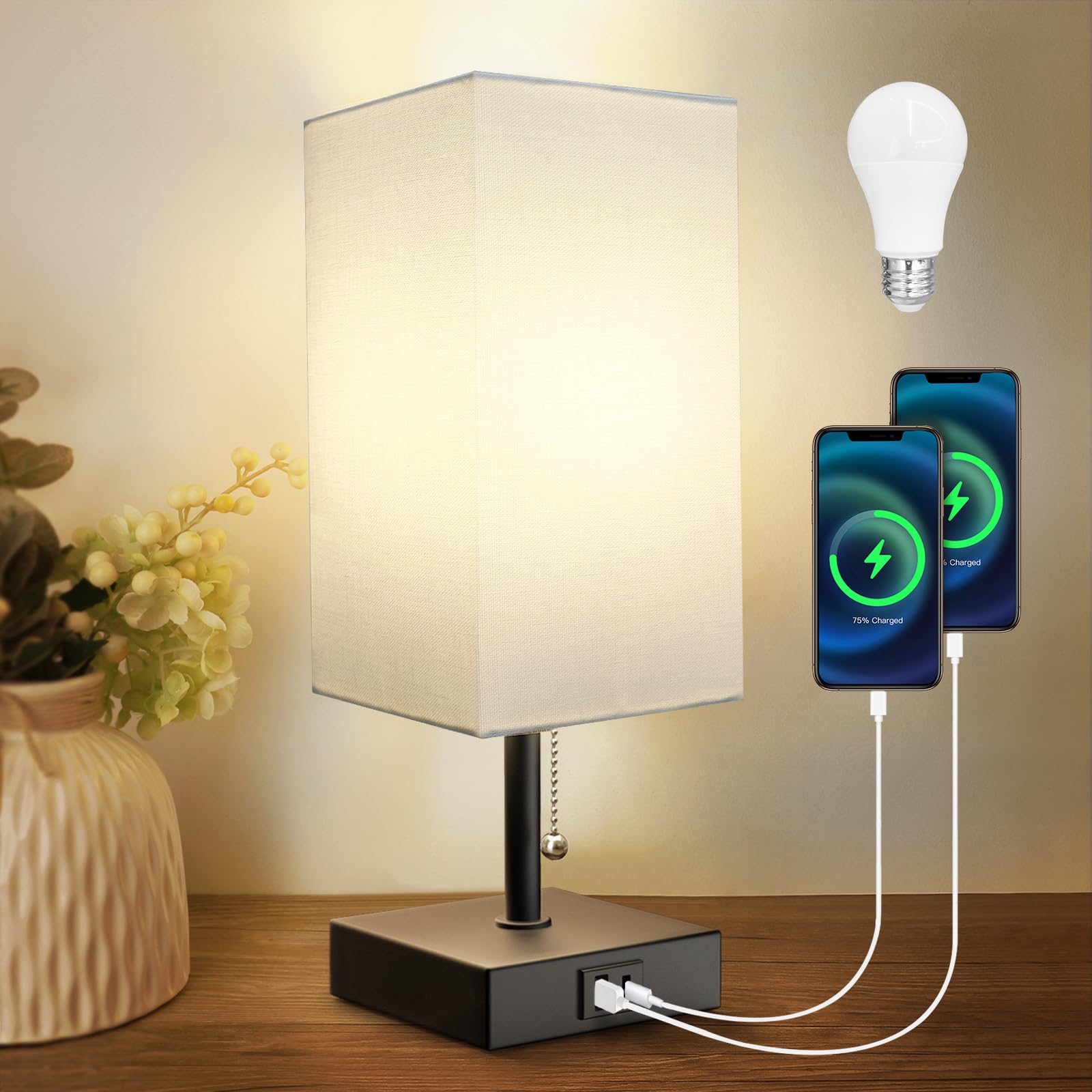 Pritsau Bedside Table Lamp, Pull Chain For Bedroom With Usb-C Usb-A Charging Ports, 2700K Led Bulb With Fabric Lampshade, Nightstand Lamp For Living Room Bedroom Office Study Room (White)