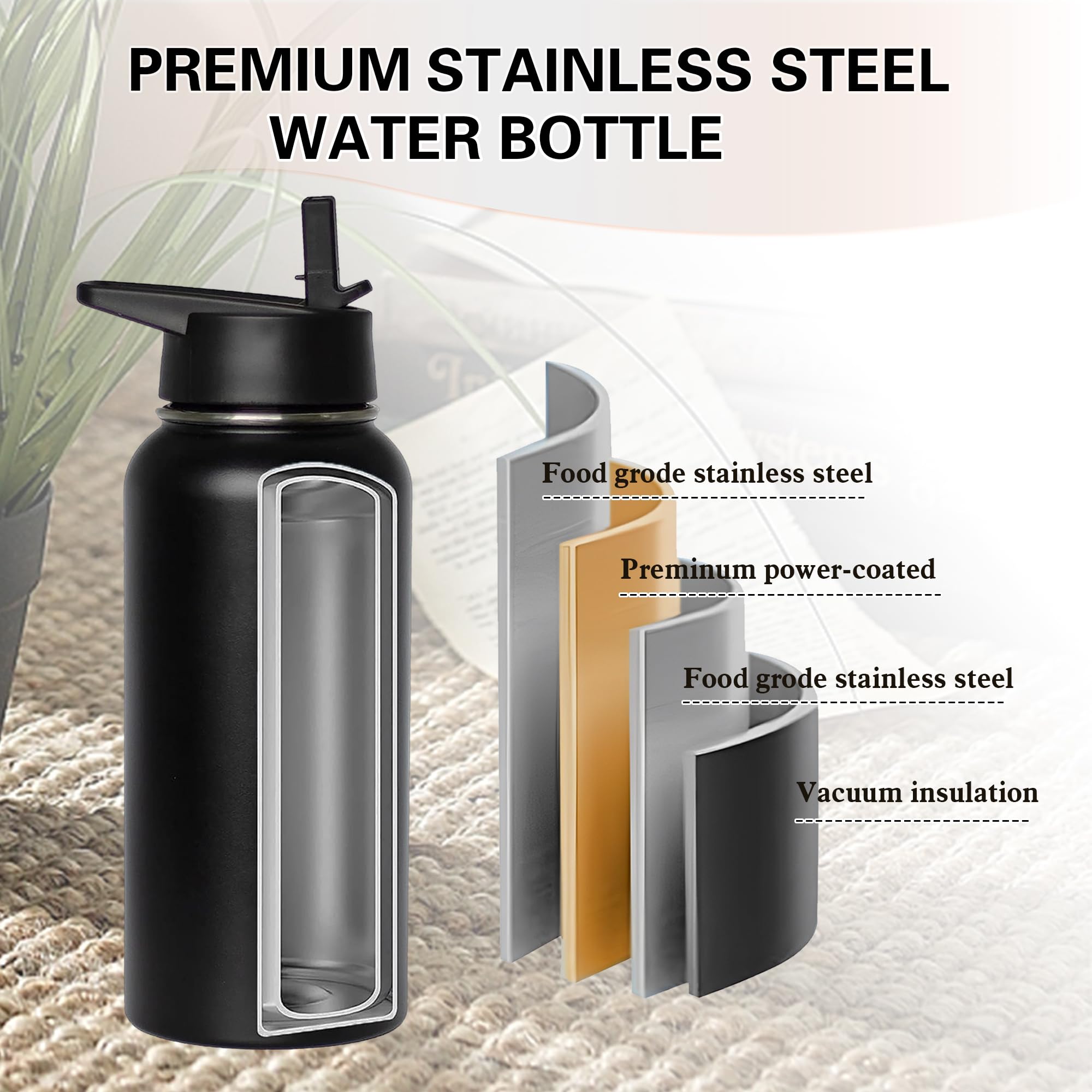 Insulated Water Bottle 32 Oz With Straw, Metal Vacuum Stainless Steel Water Flask, Leak Proof
