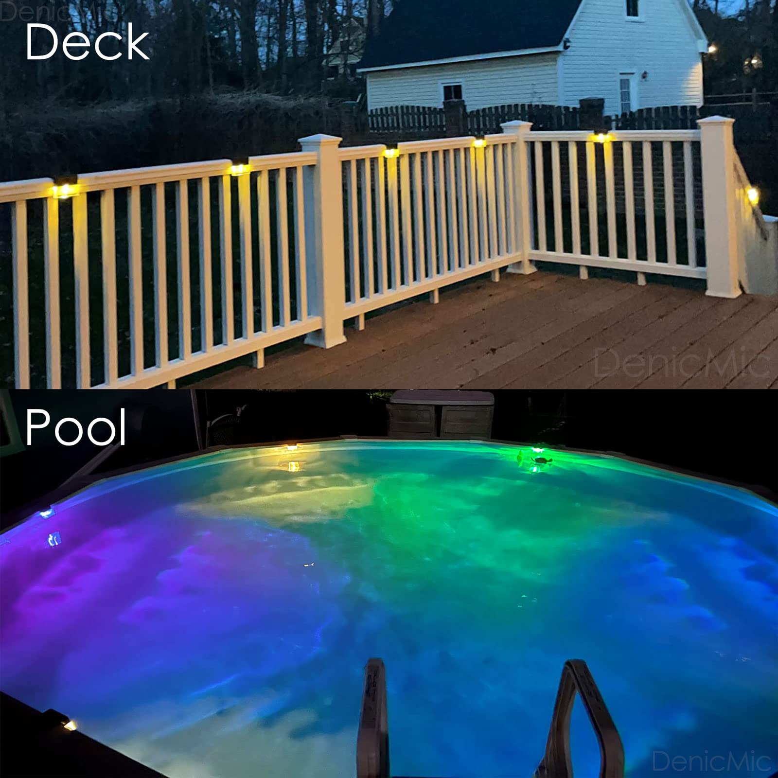 Denicmic Solar Deck Lights 3000K Warm White/Color Changing Outdoor Fence Solar Lights For Step, Railing, Wall, Pool Side Led Waterproof Patio Decor 6 Pack