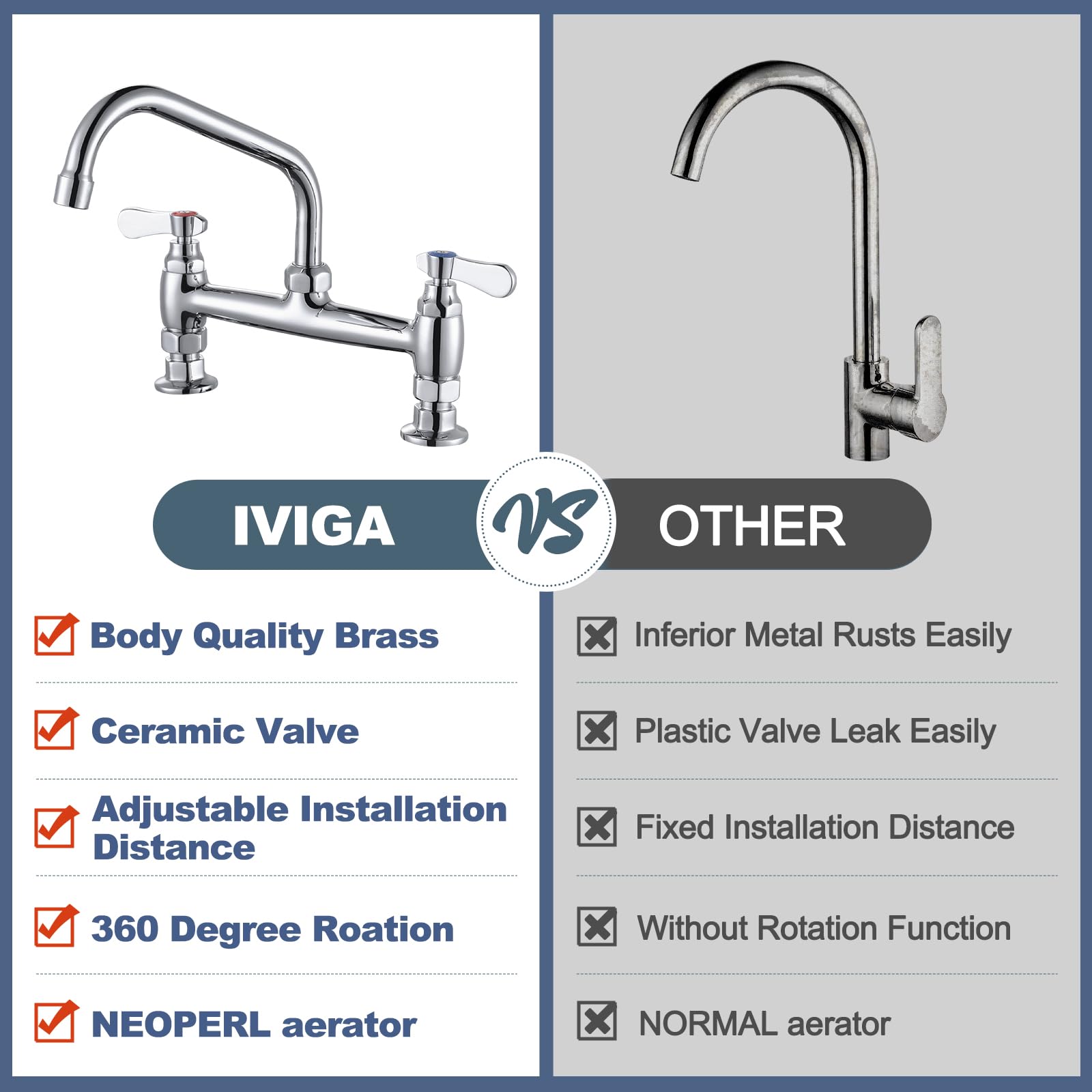 Iviga Commercial Sink Faucet With 8” Swivel Spout & Supply Lines, 8" Center Deck Mount Kitchen Faucet, Dual Handles Brass Utility Sink Faucet For Laundry Room Restaurant Compartment Sink, Polish
