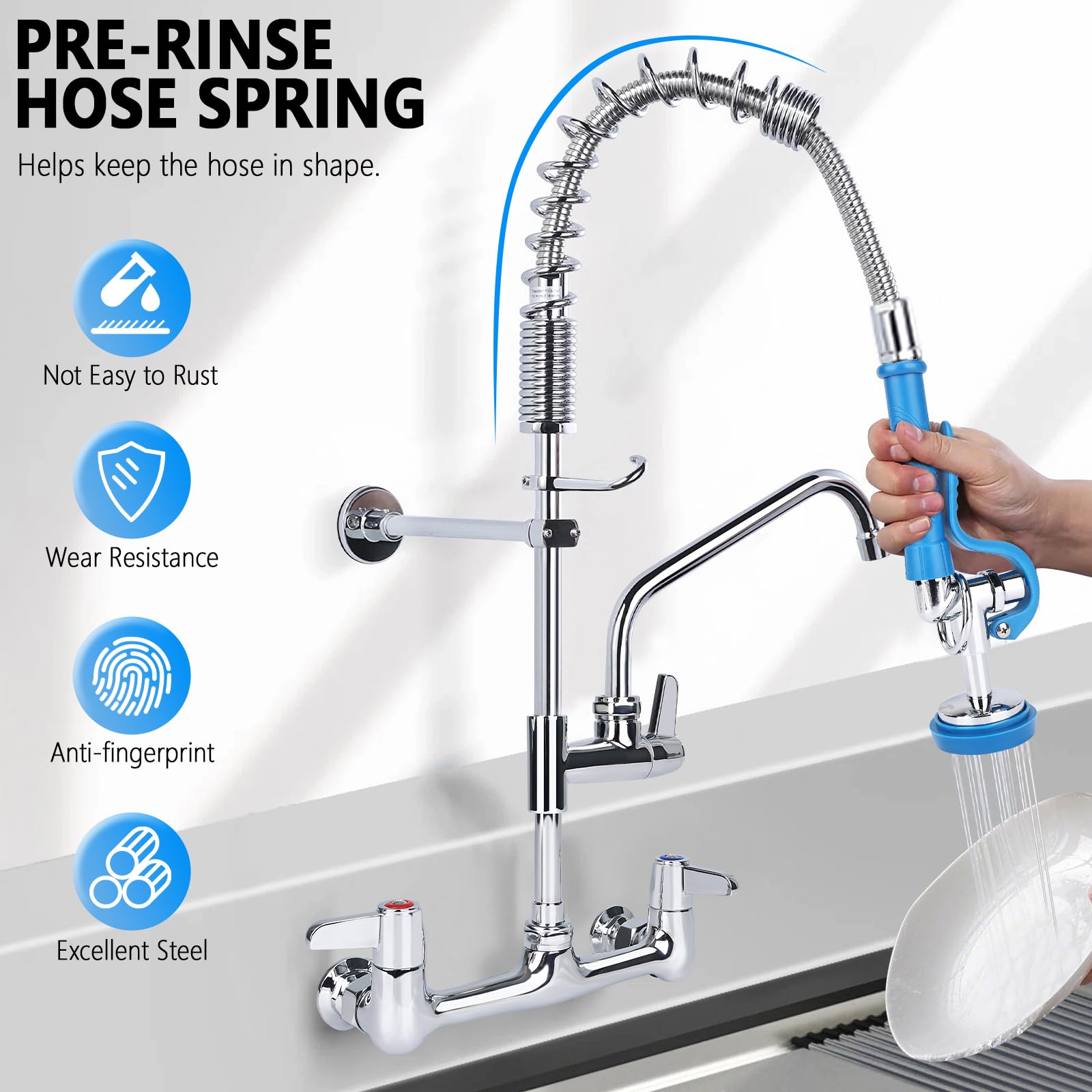 Bzimak 43" Commercial Sink Faucet,Commercial Faucet With Pre-Rinse Sprayer, 8" Adjustable Center & 360° 12Inch Swing Spout, Wall Mount C Ommercial Kitchen Fa Ucet With Sprayer For 1/2/3 Compartment Sink