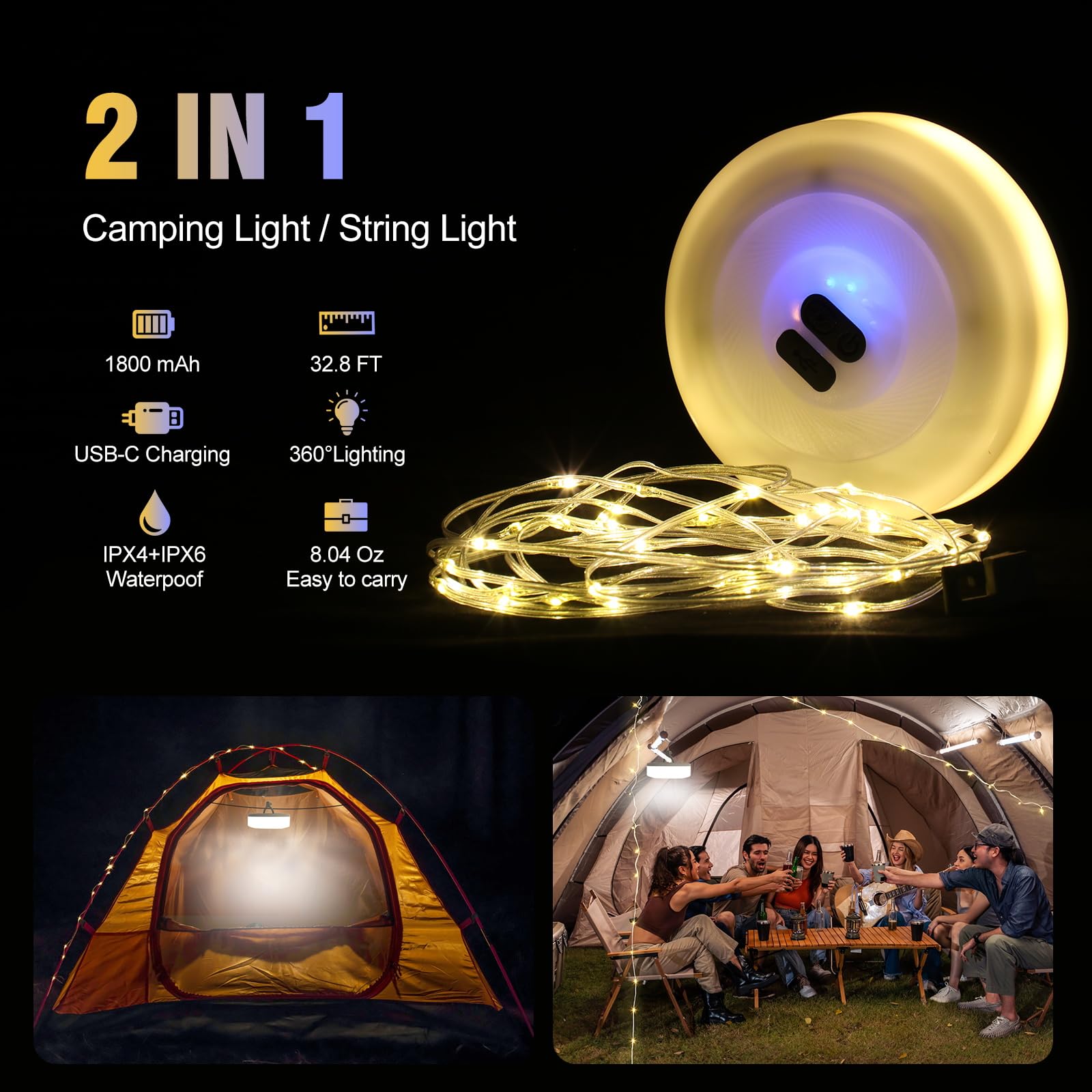 Liforemi 2 Pack Camping String Light - Waterproof Led Hanging Lights For Outdoor Decor In Tents, Awning, Garden & Festivals, Camping Essentials (32.8Ft)