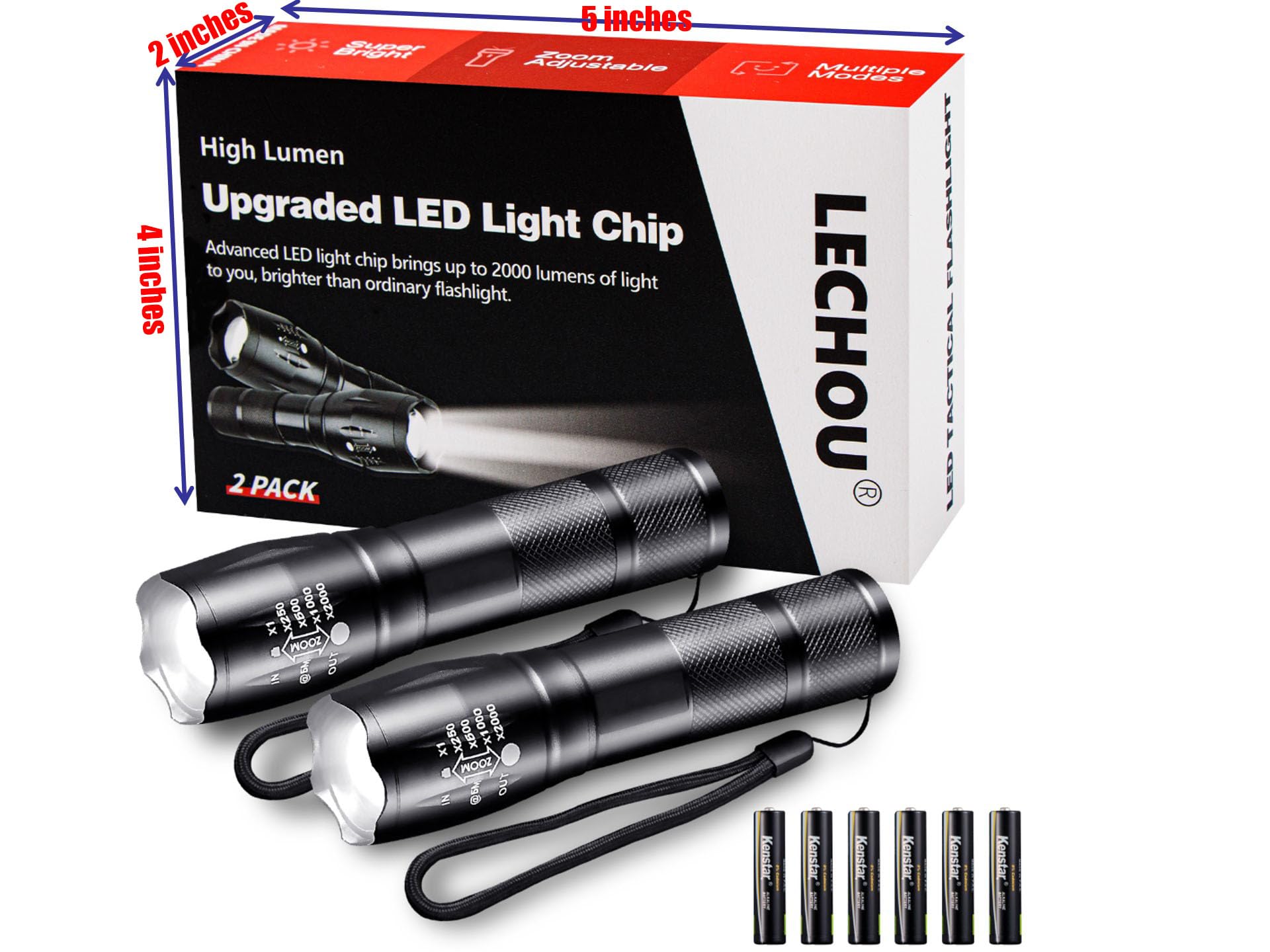 Lechou Tactical Flashlight Sc1010, 2000 Lumens Handheld Flash Lights, 5 Modes, Zoomable, High Power, Waterproof For Outdoor Camping Hiking, Led Flashlights For  Survival Emergency (2 Pack)