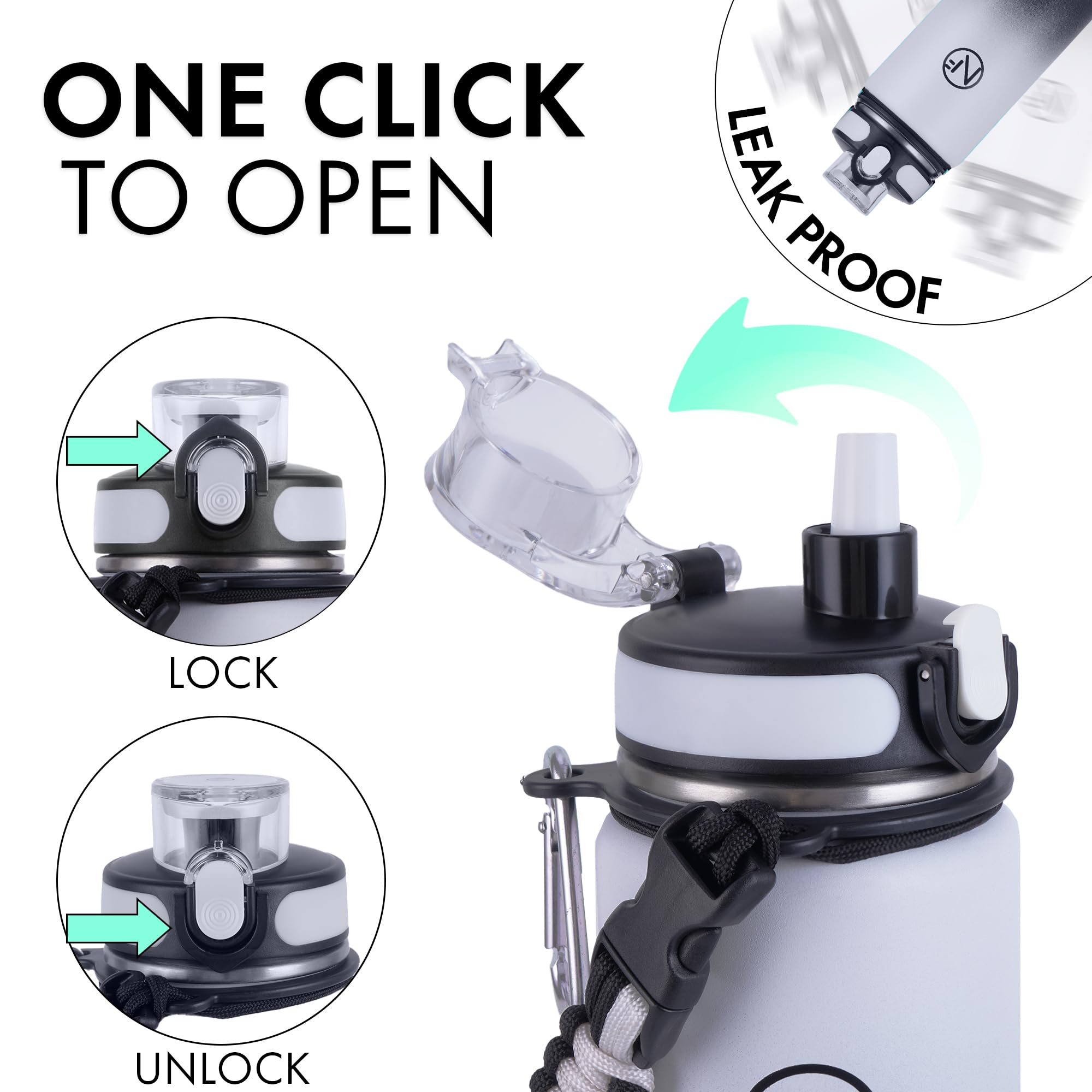 32 Oz Insulated Water Bottle With Detachable Straw & Paracord Handle, Stainless Steel Thermos Water