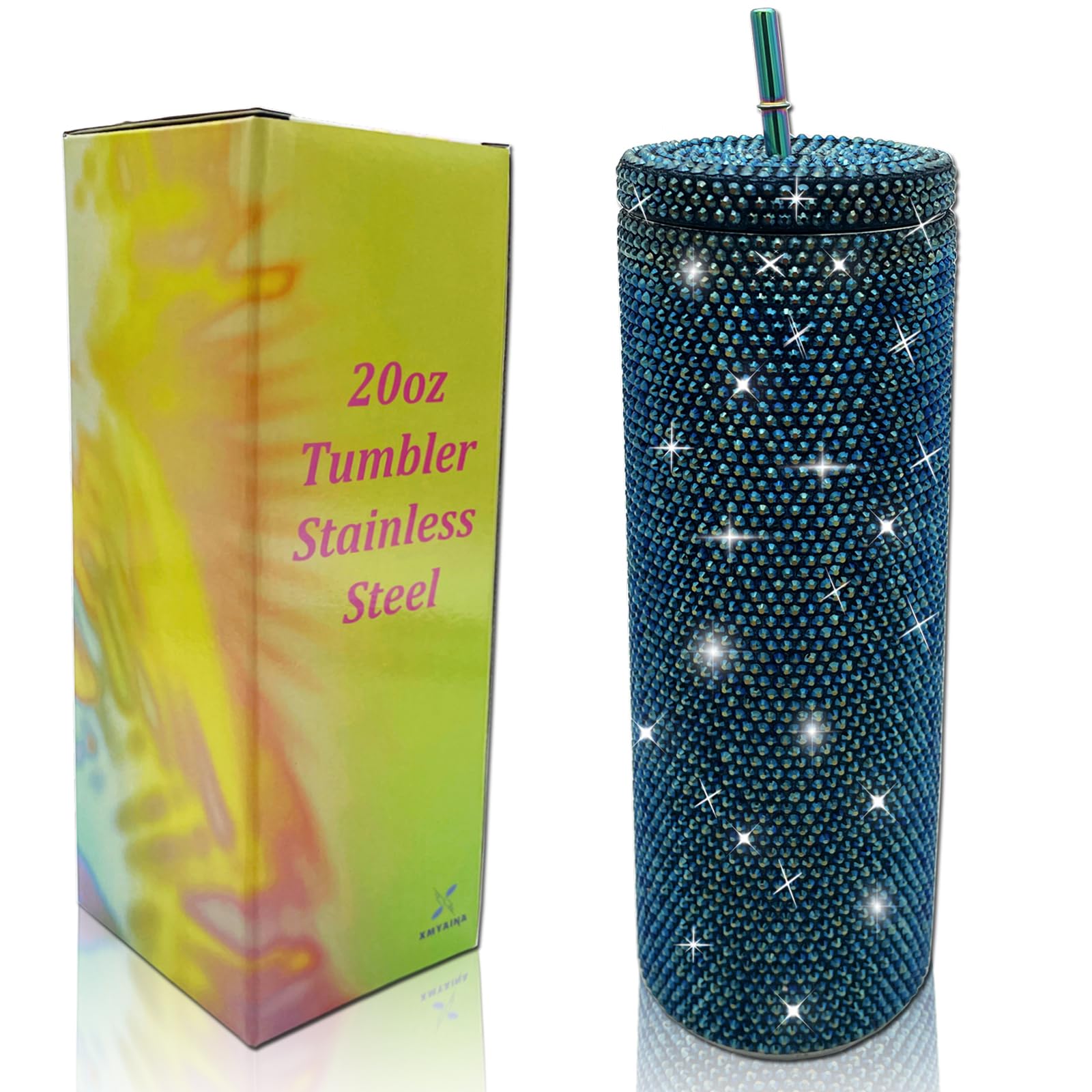 20Oz Bling Diamond Tumbler With Lid And Straw Studded Skinny Tumbler Stainless Steel Vacuum