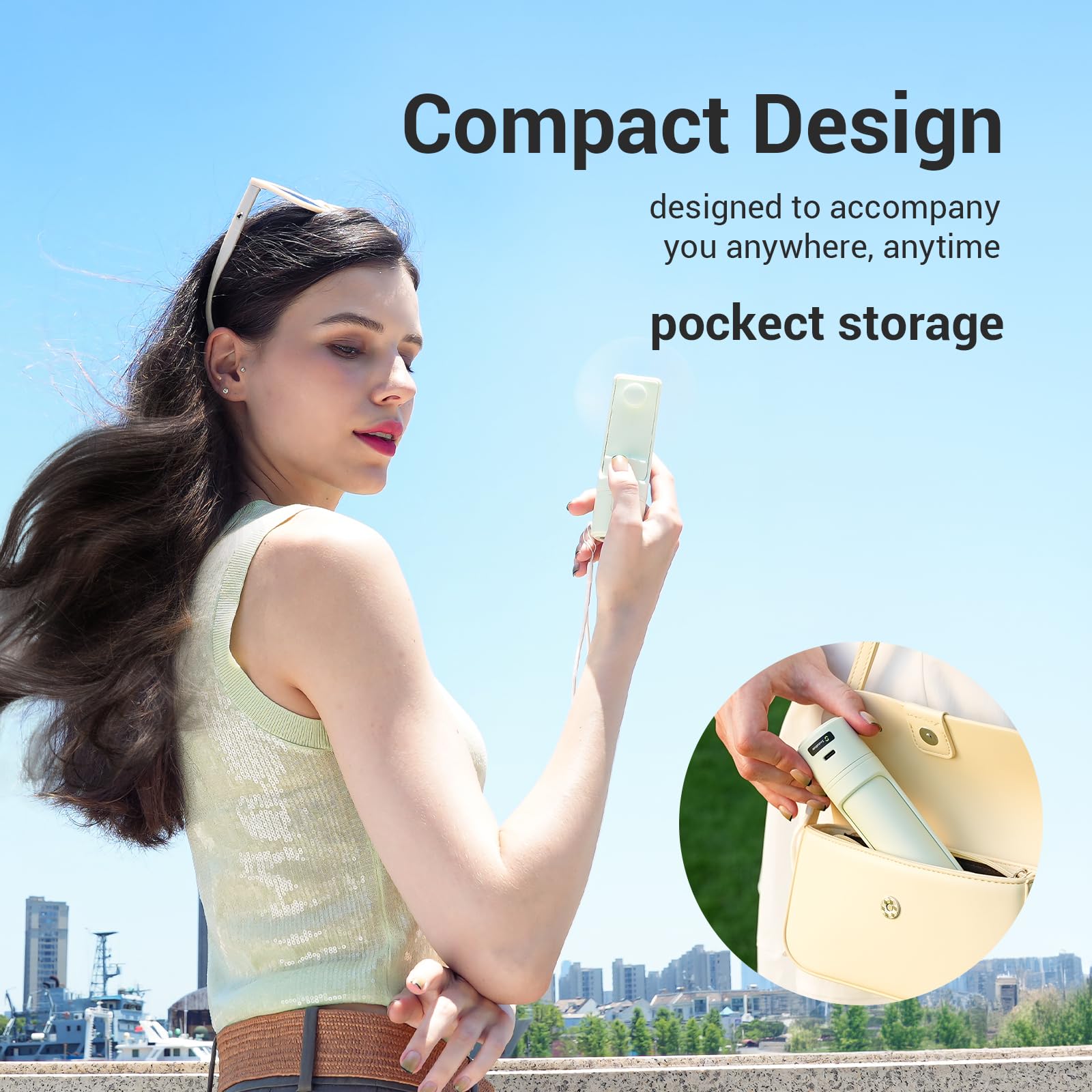 Airluxe mini rechargeable fan, 35-hour runtime, 3-in-1 design for versatile personal cooling