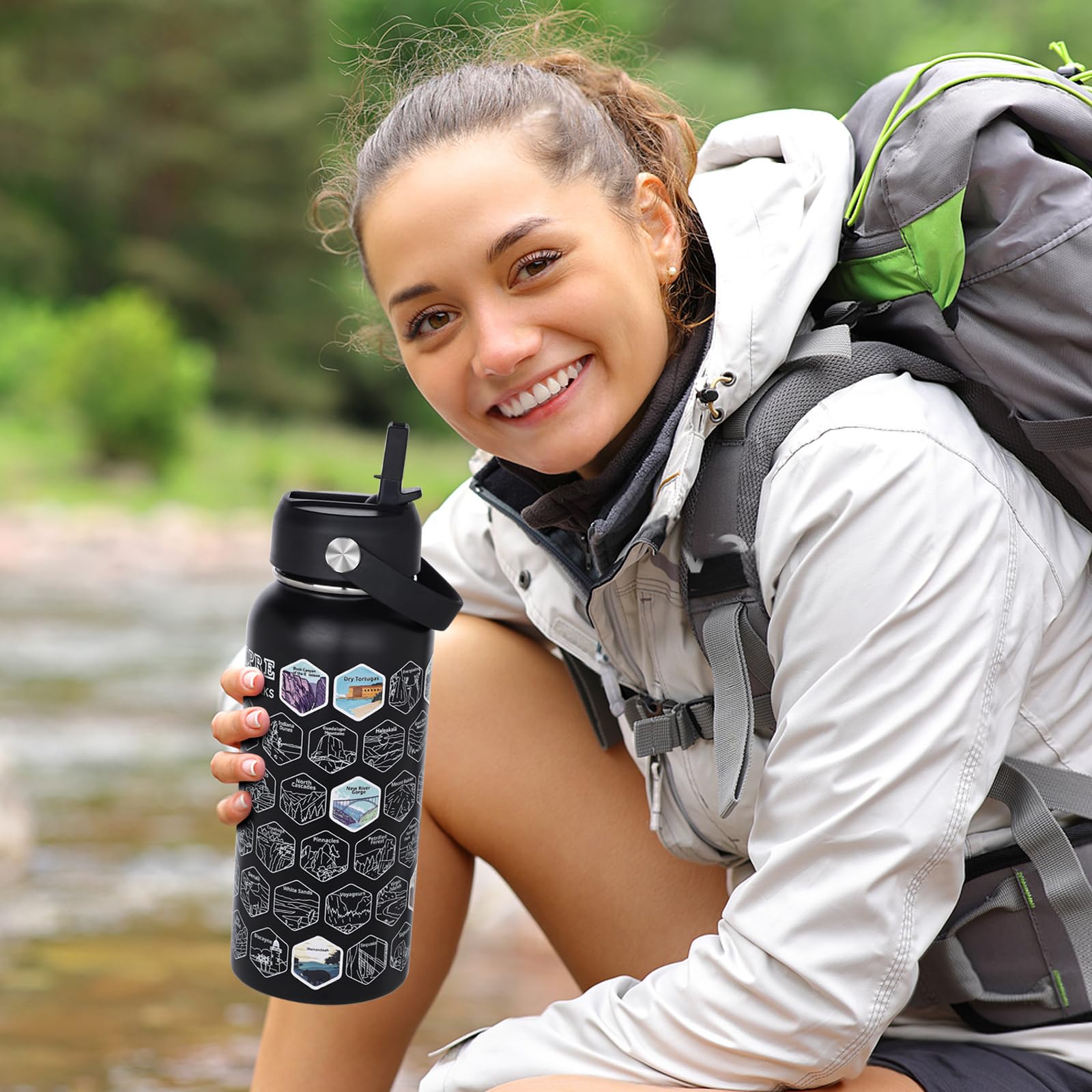63 National Parks Water Bottle With Water Proof Stickers,32 Oz Leak Proof Insulated Stainless Steel