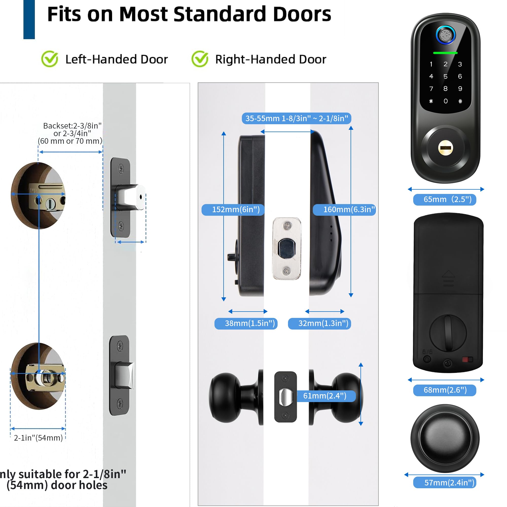 Yosimika Keyless Entry Door Lock With Handle, Fingerprint Deadbolt Door Lock, Smart Door Locks For Front Door, Bluetooth Electronic Digital Keypad Lock, Easy To Install, Black