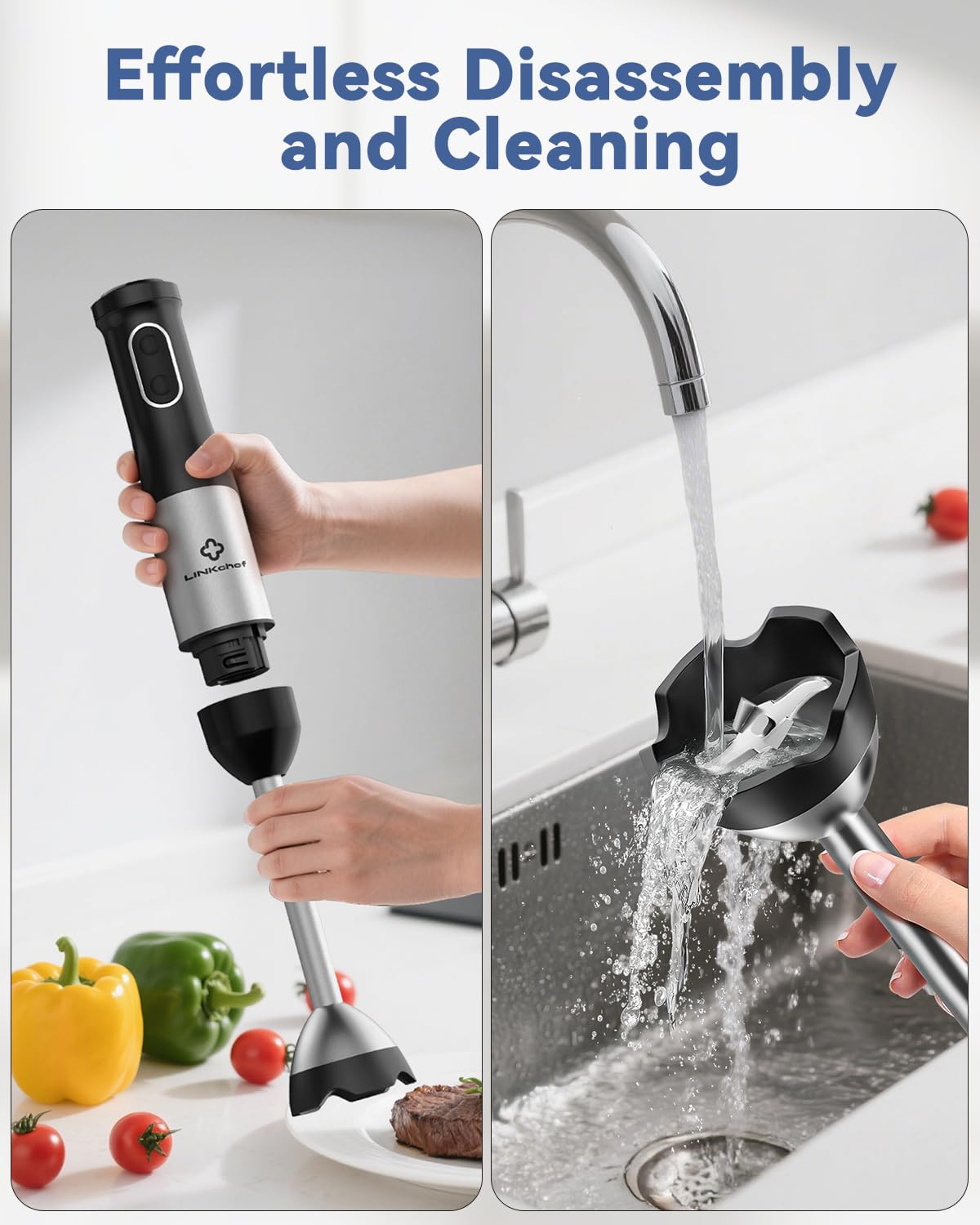 Linkchef 7 In 1 Immersion Blender Handheld, 800W Hand Blender Set, Scratch Resistant With 2 Titanium Steel Blades, 20 Speed And Turbo Mode, Includes Whisk, Milk Frother, Food Processor & Beaker