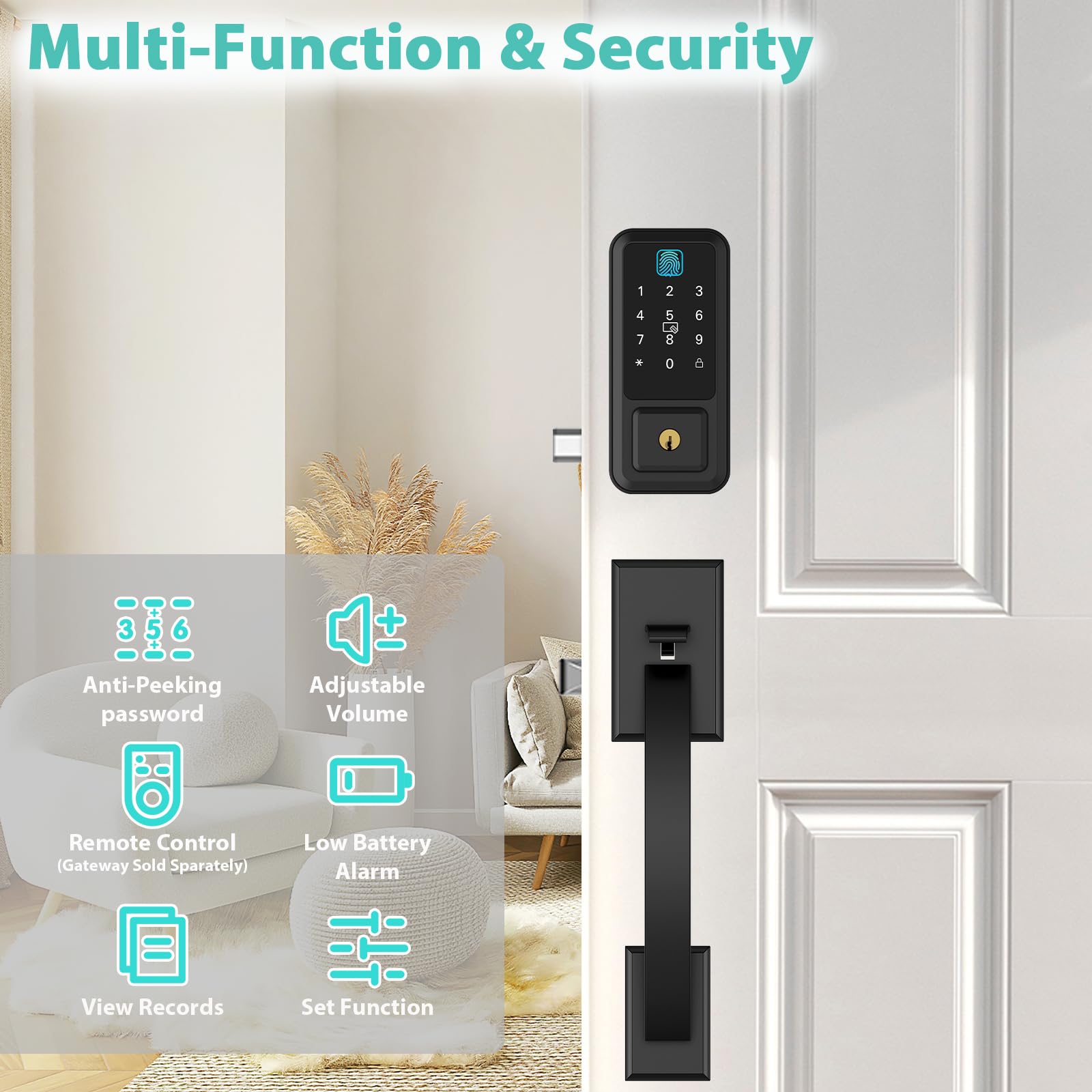 Cinop Front Door Lock Set 5 In 1 - Wifi Remote Control Unlock, Smart Locks For Front Door, Keyless Entry Door Lock Deadbolt With Handle Set, Bluetooth Enabled With Alexa Voice Control (Black)