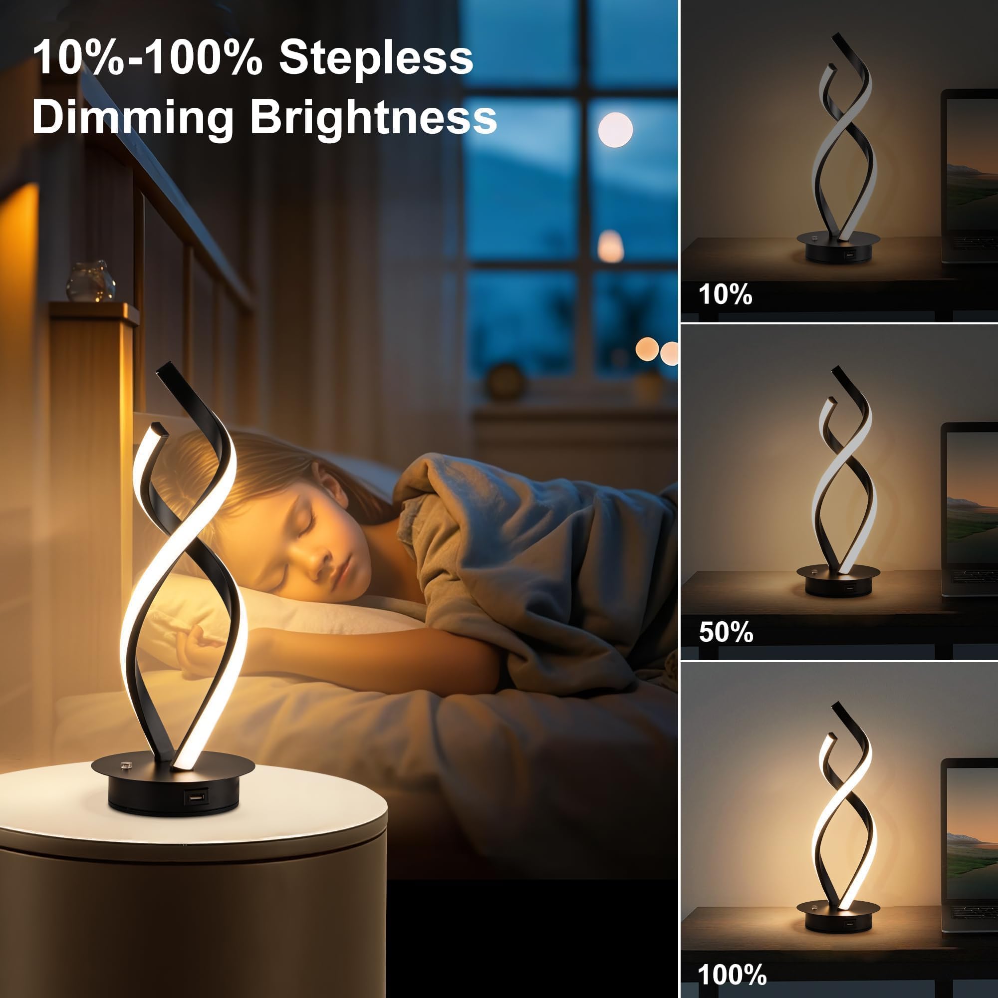 Adebime Modern Spiral Touch Lamp - Warm White Led Nightstand Light, Adjustable Brightness For Home And Office, Black