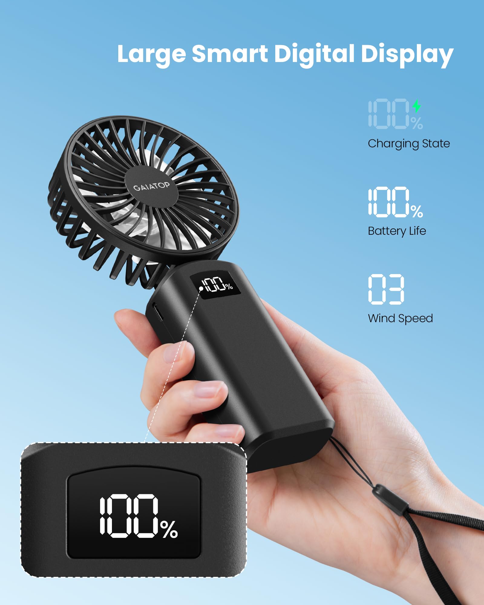 Person holding the Gaiatop handheld fan, showing portable and ergonomic design
