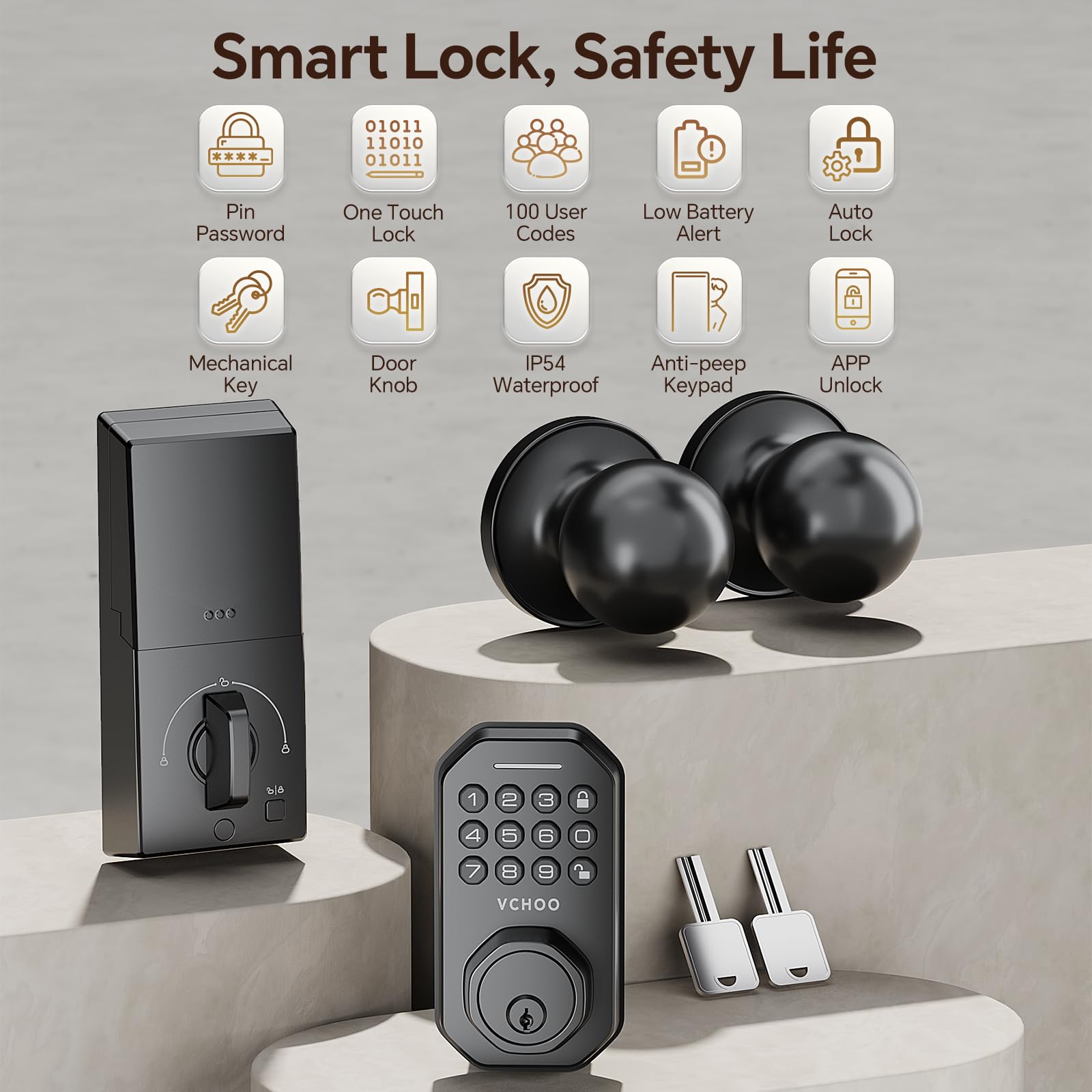 Vchoo Keyless Entry Door Lock With Handle App Control Door Locks For Front Door Anti-Peeping Password Smart Door Lock For Homes Hotel Bedroom Doors With 2 Door Knobs