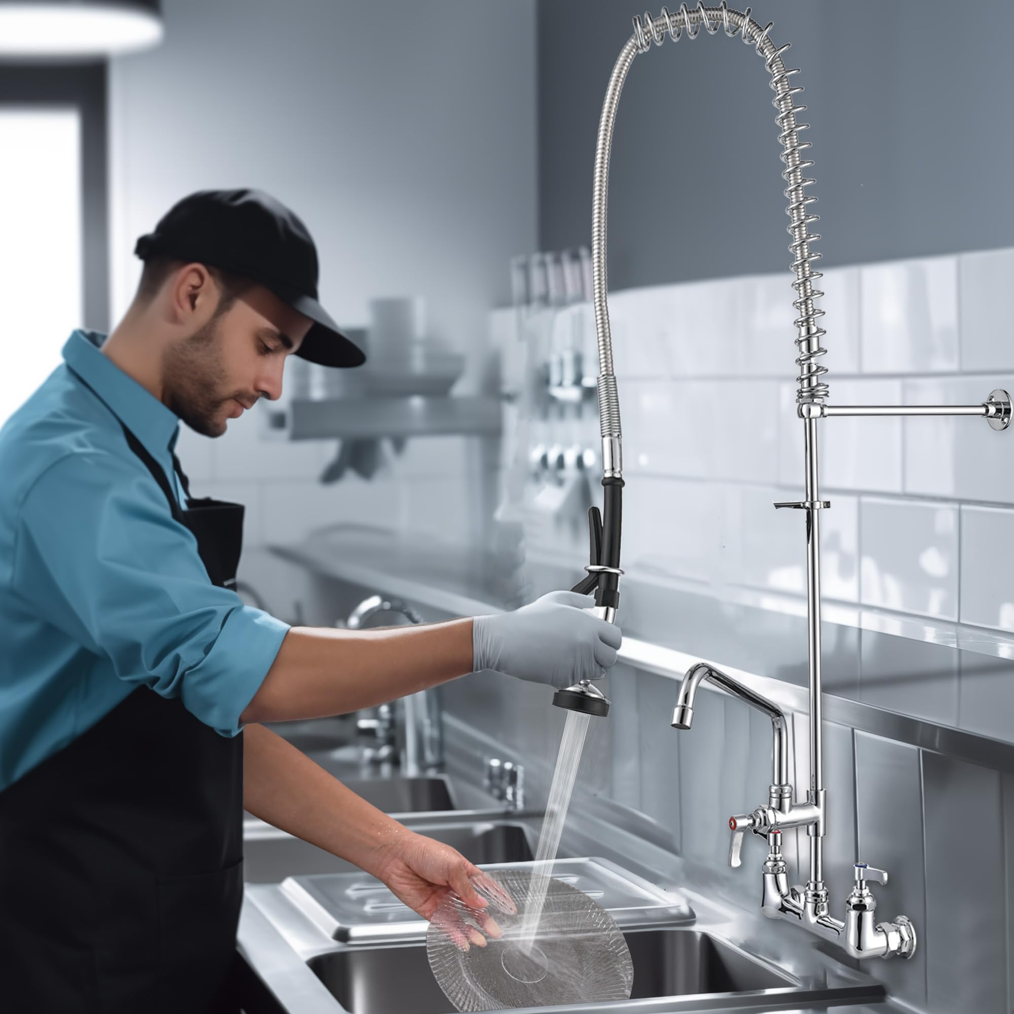 Aquaterior Pre-Rinse Commercial Kitchen Faucet With Sprayer 44" Height Wall Mount Double Handle With Add-On 12" Rotatable Spout Pull Down For 2/3 Compartment Sink Cupc Nsf Cec