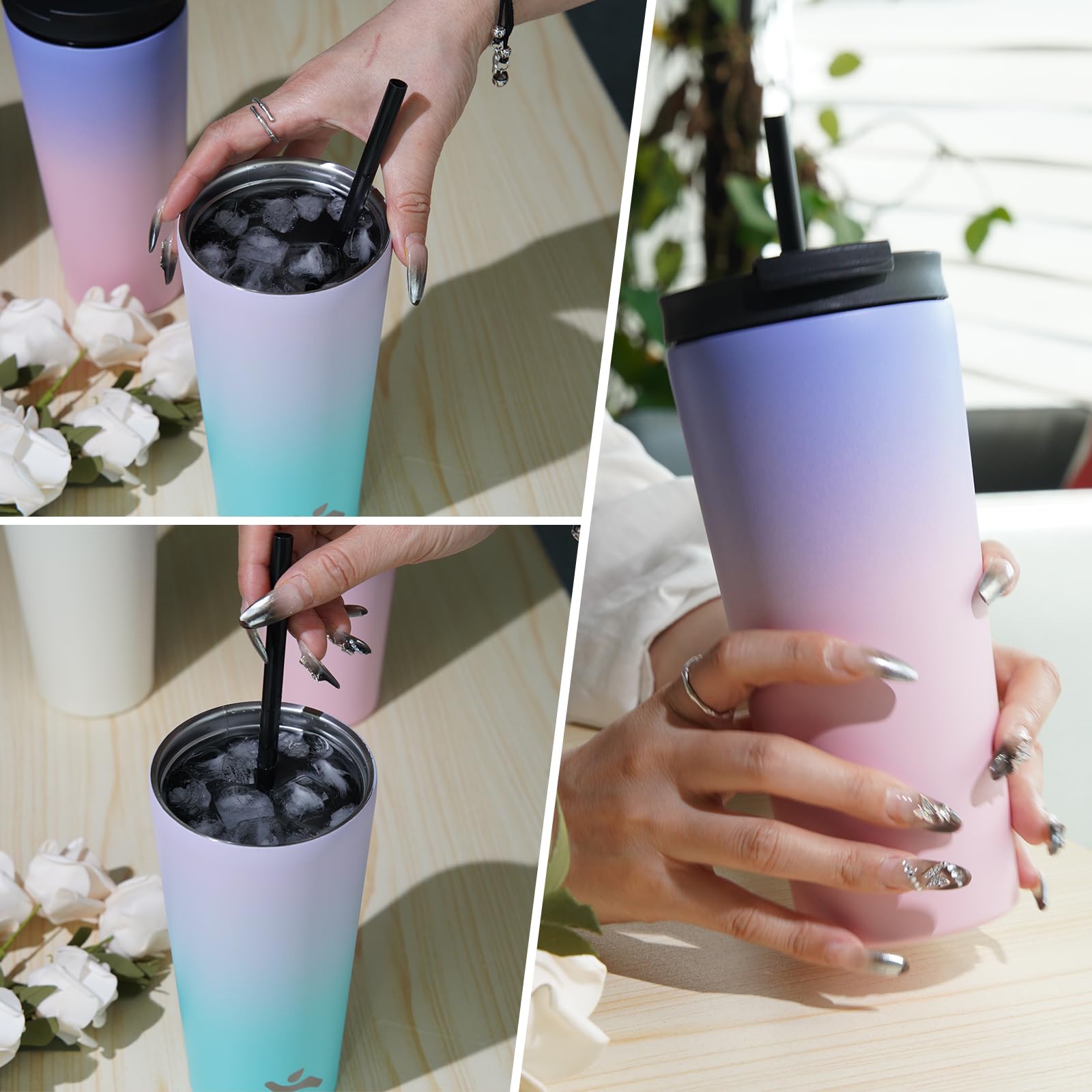 26 Oz Insulated Tumbler With Lid And 2 Straws Stainless Steel Water Bottle Vacuum Travel Mug Coffee