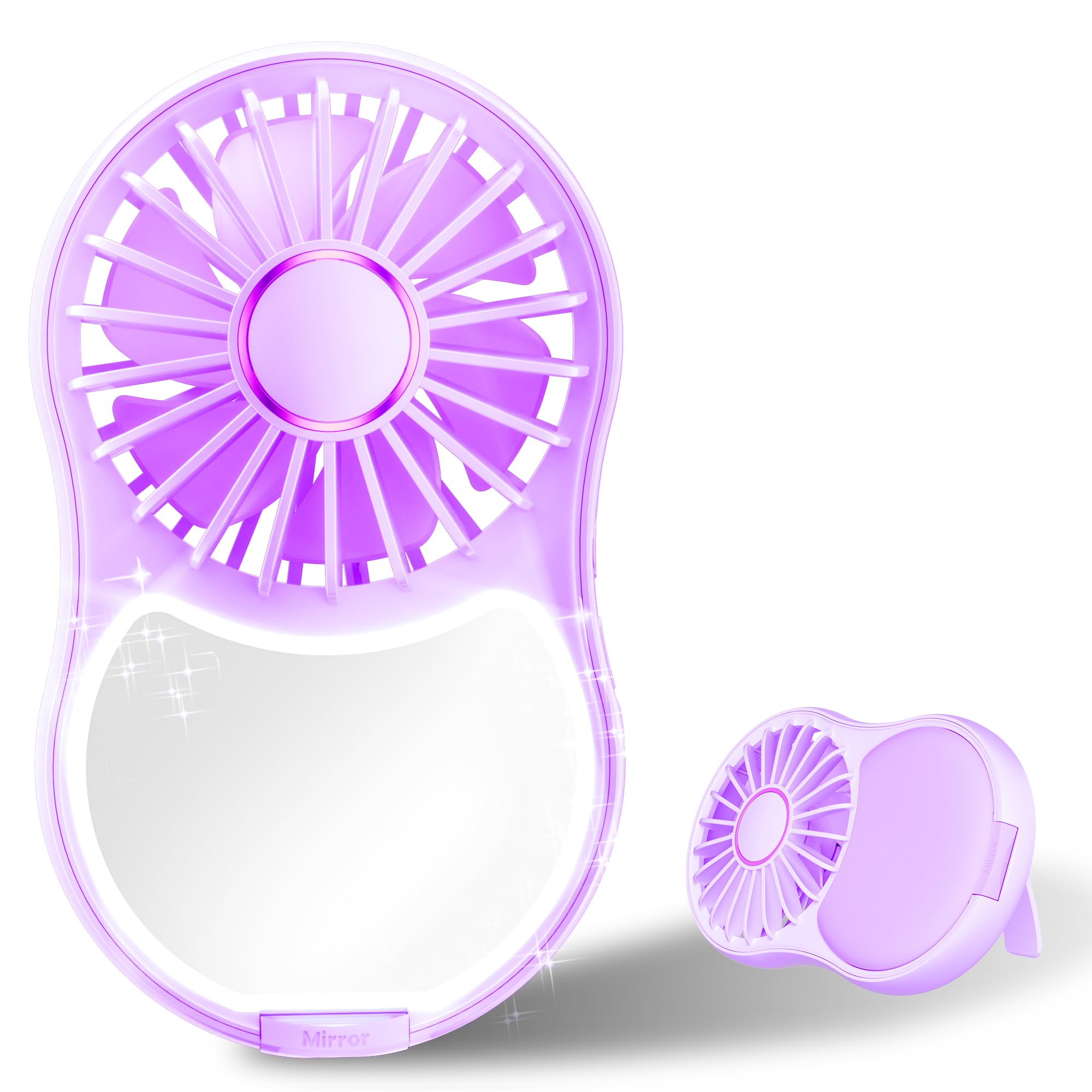 Front view of Jiage portable handheld fan in lavender color showing compact design and circular head