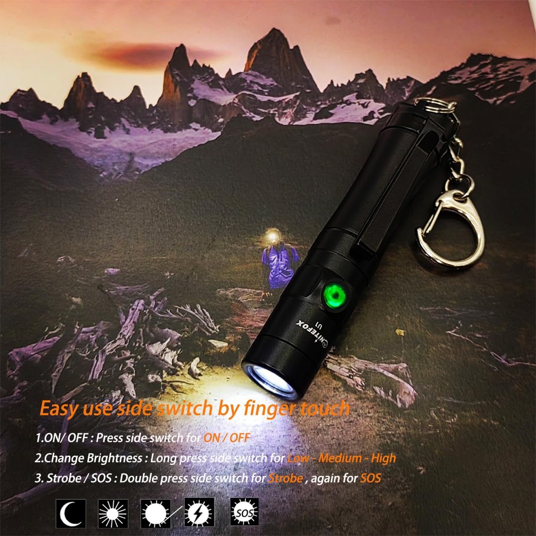 Nitefox Mini Rechargeable Keychain Flashlight Usb C Bright Key Light Portable Pocket Flashlight For Edc,Dog Walking, Hiking,Camping,Emergency