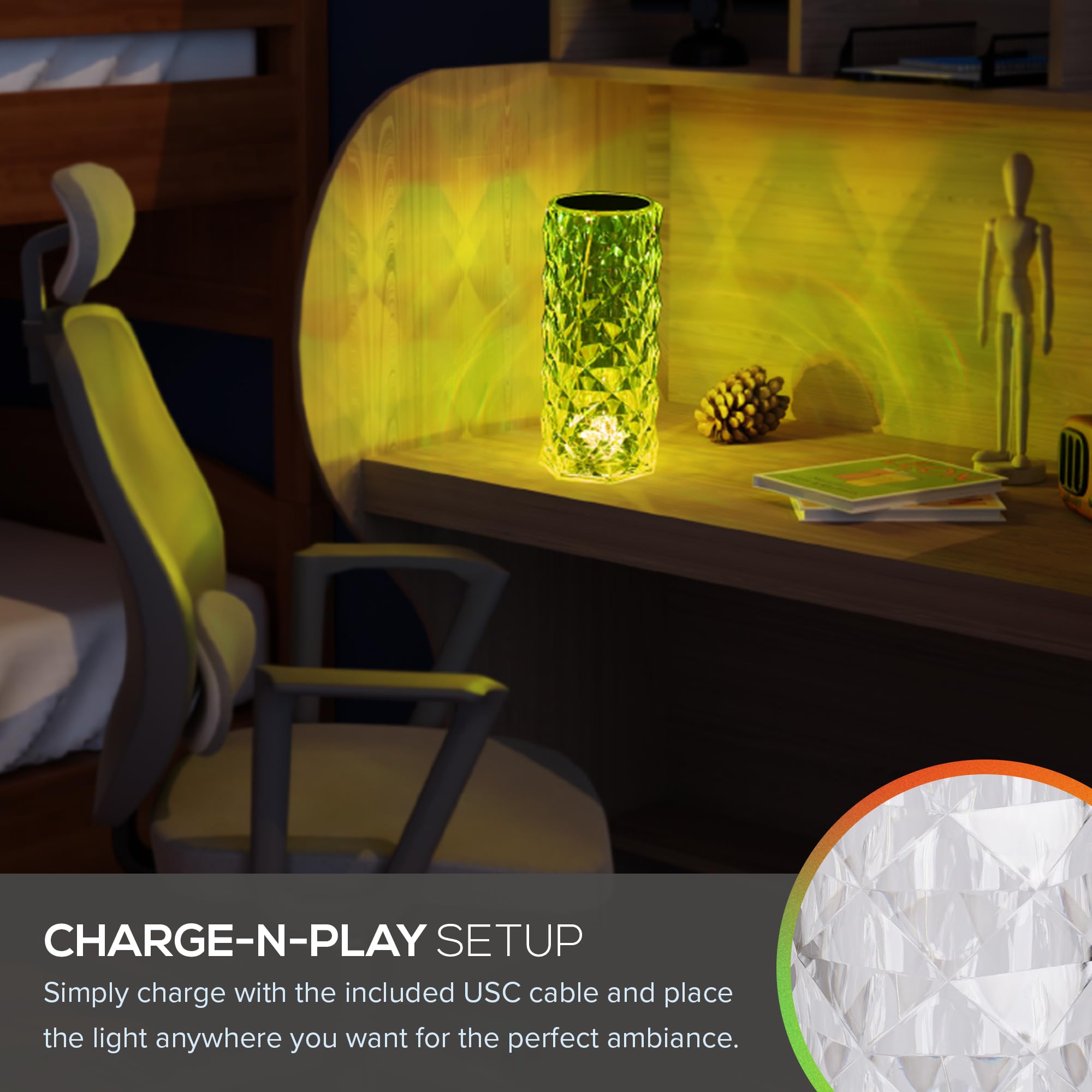 Catalina Lighting 16-Color Rgb Portable Prismatic Table Lamp, Rechargeable Cordless Crystal Night Light, Dimmable, 8.5" H, Clear Acrylic