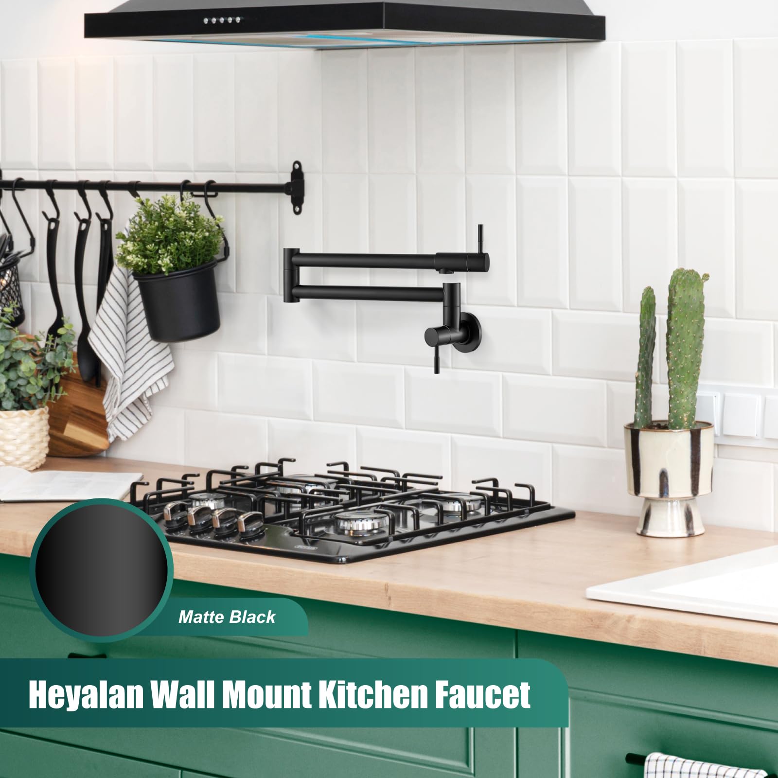 Heyalan Pot Filler Faucet Wall Mount Folding Kitchen Faucet With Double Joint Swing Arm Single Hole 2 Handles Commercial Npt Stainless Steel Separated Male Thread,24 Inch,Matte Black