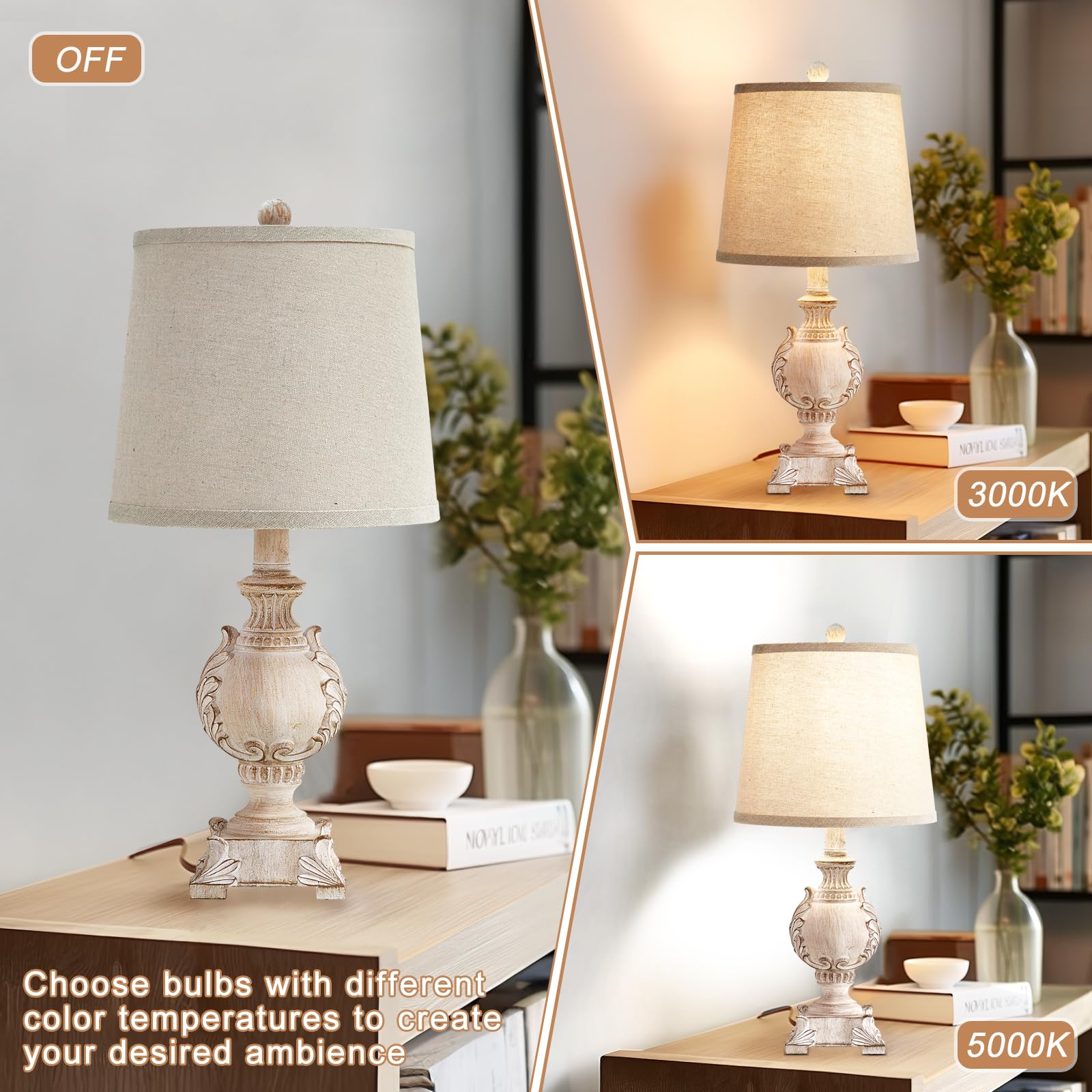 Drawealth 21'' Small Table Lamps Set Of 2 Farmhouse Bedside Lamps For Bedroom Nightstand Vintage Carved Floral Side Table Lamps For Living Room Kids Home Office, Wooden Finish, Bulb Not Include