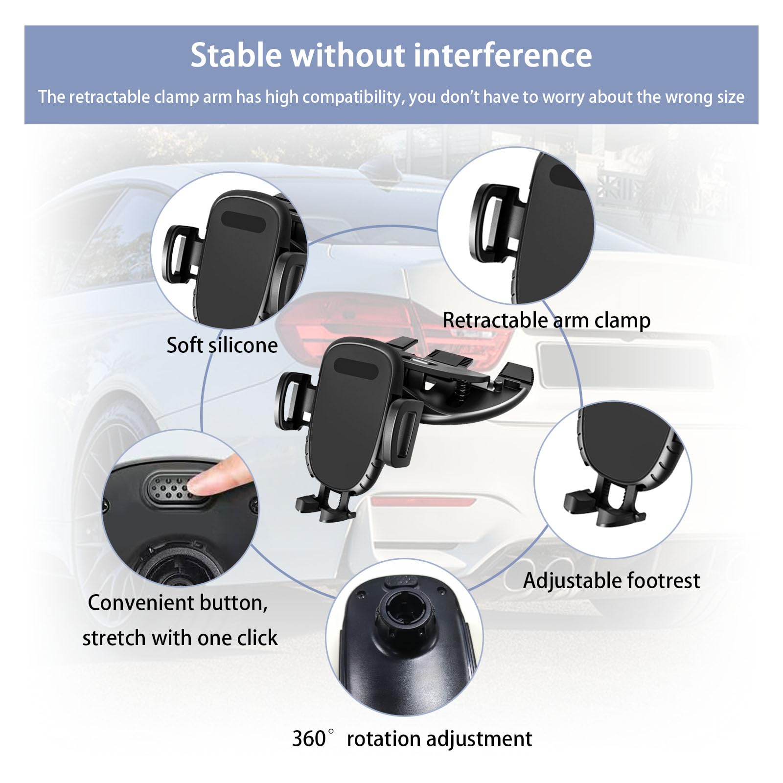 Augeny Car Phone Holder For Cd Slot, 360 Degree Rotatable Auto Phone Mount, Universal Cellphone Holder With One Hand Operation Design, Vehicle Cd Slot Phone Holder For All Smartphones