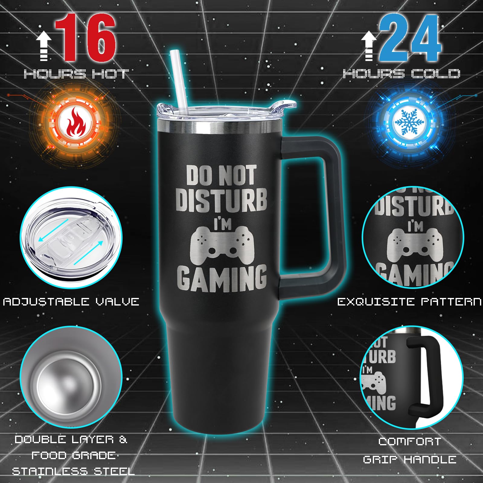 30 Oz Gaming Tumbler With Handle And Straw, 30Oz Insulated Stainless Gaming Tumbler Coffee Travel