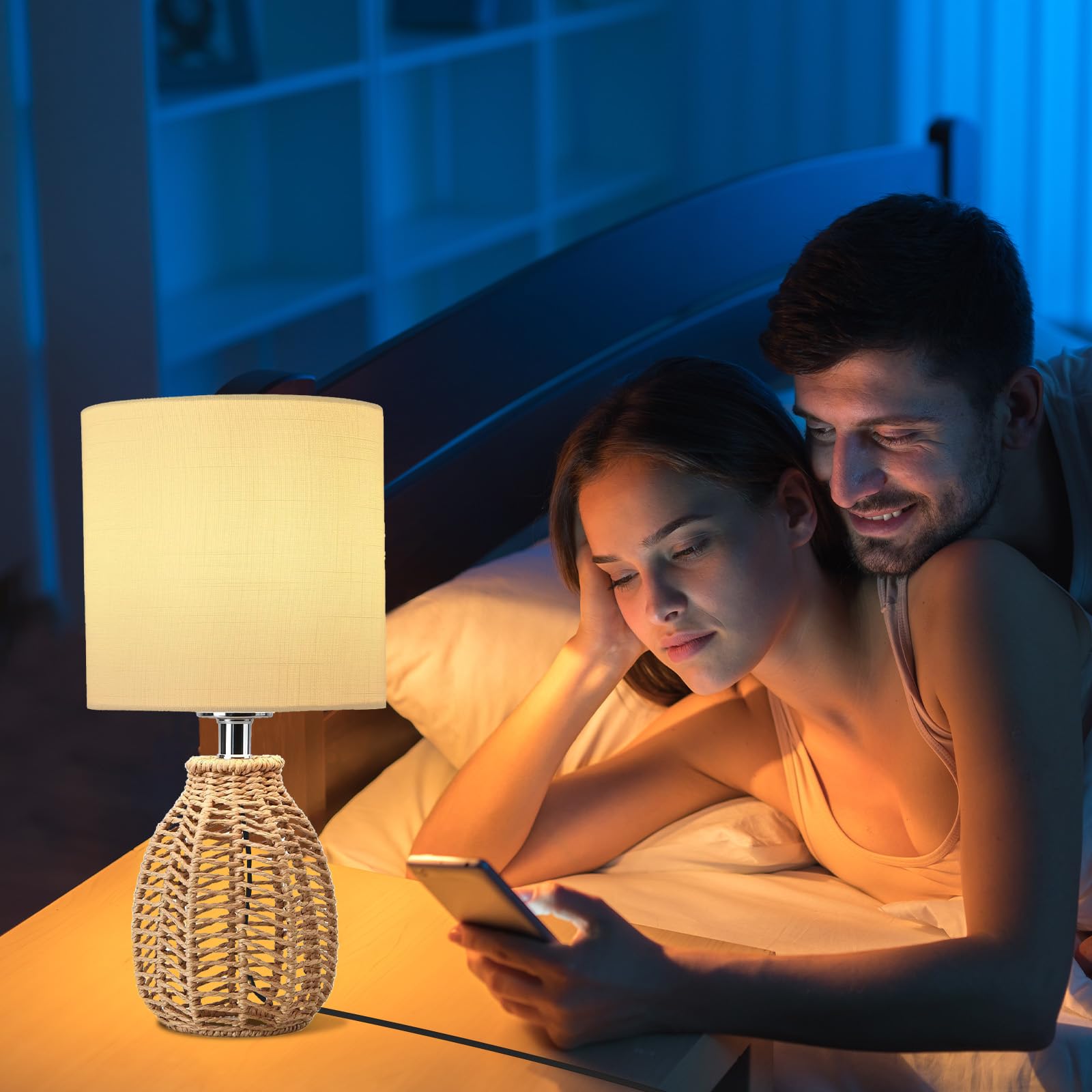 Haiifaz Small Rattan Table Lamp, 3 Color Temperature Boho Bedside Lamp Handmade Woven Wicker Nightstand Lamp Coastal Light With Beige Fabric Shade For Living Room Bedroom Office (Natural)