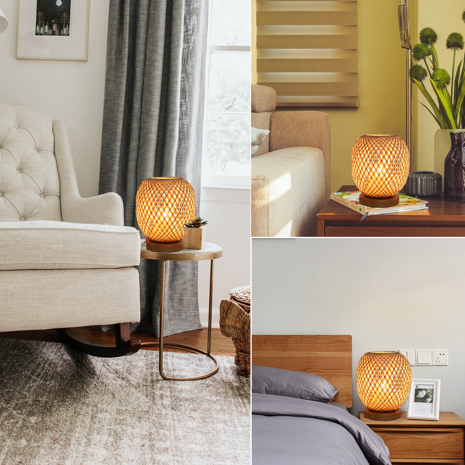 Capslpad Dimmable Rattan Table Lamp - Bamboo Woven Handmade Boho Beside Light, Small Wicker Desktop Nightstand Accent For Kids Living Room, Bedroom, Dorm Decor