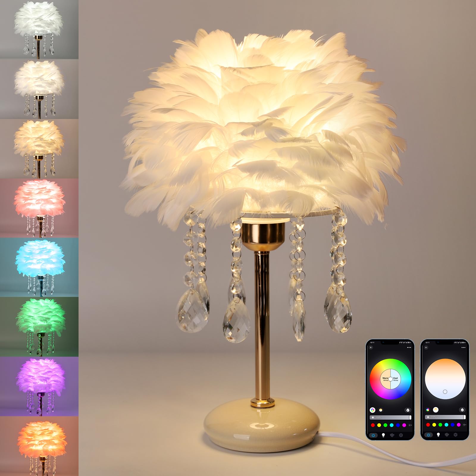 Gpsrsai Smart Feather Lamp Enchanting Rgb Dimmable Crystal Table Lamp Cute Princess Desk Light Small Led Bedside Lamp For Girls Room (White)