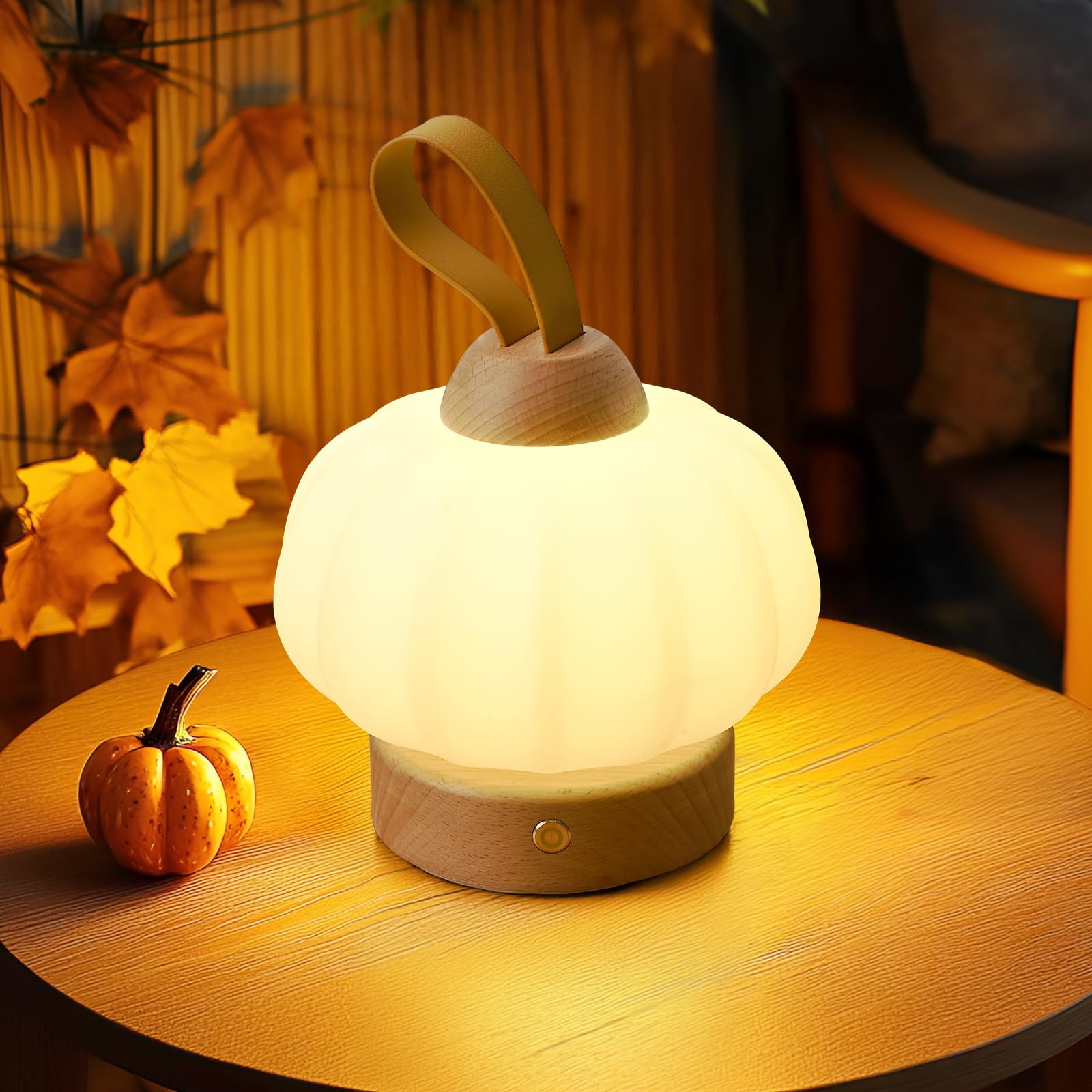 Lonrisway Led Wood Cordless Table Lamp Rechargeable With Dimming Eye-Care Lighting, Portable Touch Lamp For Outdoor Camping Living Room Bedroom Bedside Office Pumpkin Shape Lantern