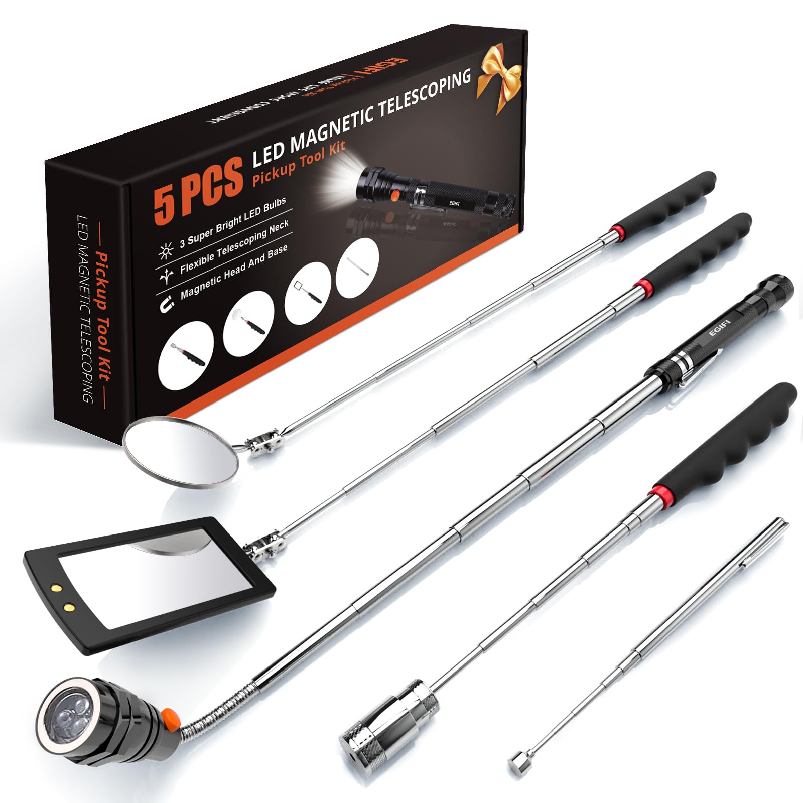 Egifi For Him, Fathers Day Dad , Telescoping Magnetic Pickup Tool Set With 1 & 15 Lb Pick Up Sticks, Round And Square Adjustable Inspection Mirror And Flexible Led Flashlight