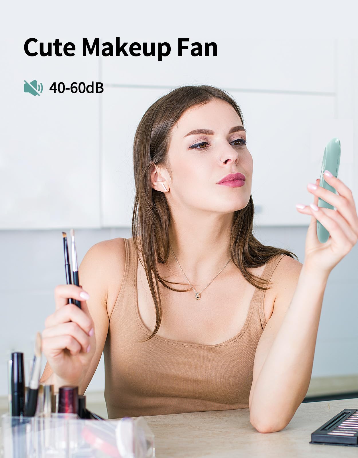 Aluan USB rechargeable handheld mini fan with adjustable speeds, perfect for cooling and makeup use