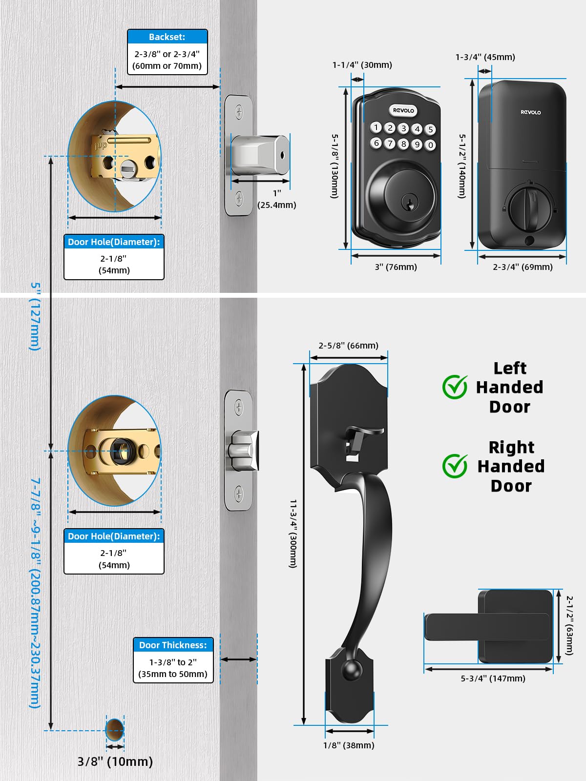 Revolo Re001 Electronic Keypad Deadbolt, Keyless Entry Door Lock, Smart Keyed Entry With Handle, Auto Lock, Front Door Handle Sets, Anti-Peeking Password, Matte Black