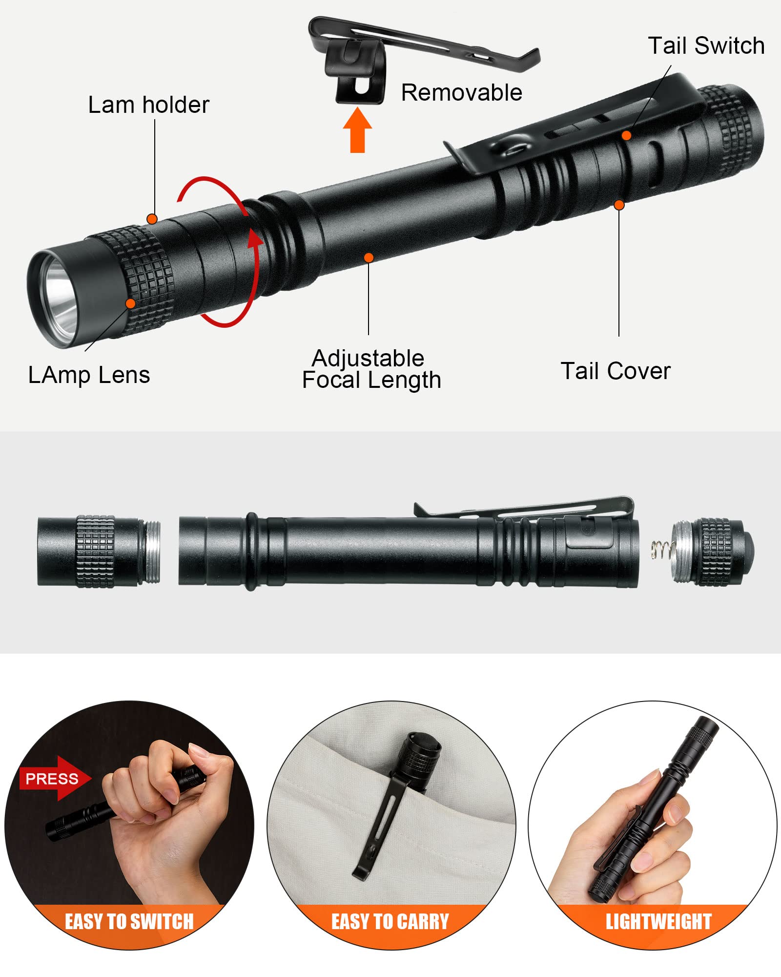 Vinsot 20 Pack Led Pen Lights Bulk Large Pen Light Flashlights Pocket 5.12 Inch Led Torch With Clip Aluminum Waterproof Flashlight For Nurses Hospital Outdoor Camping Emergency Hiking