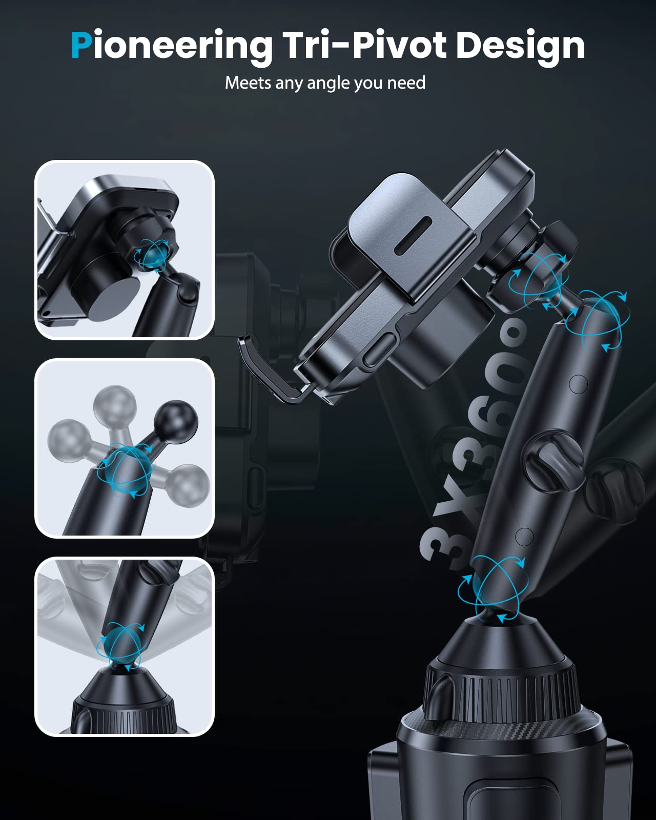 Apps2Car Dual Coil Wireless Car Charger Auto Clamping 15W Cup Holder Phone Wireless Charger Mount Fast Charge Tri-Pivots Height Adjustable Phone Holder Car Truck For Iphone 16 15 14 13 Samsung Lg Etc.