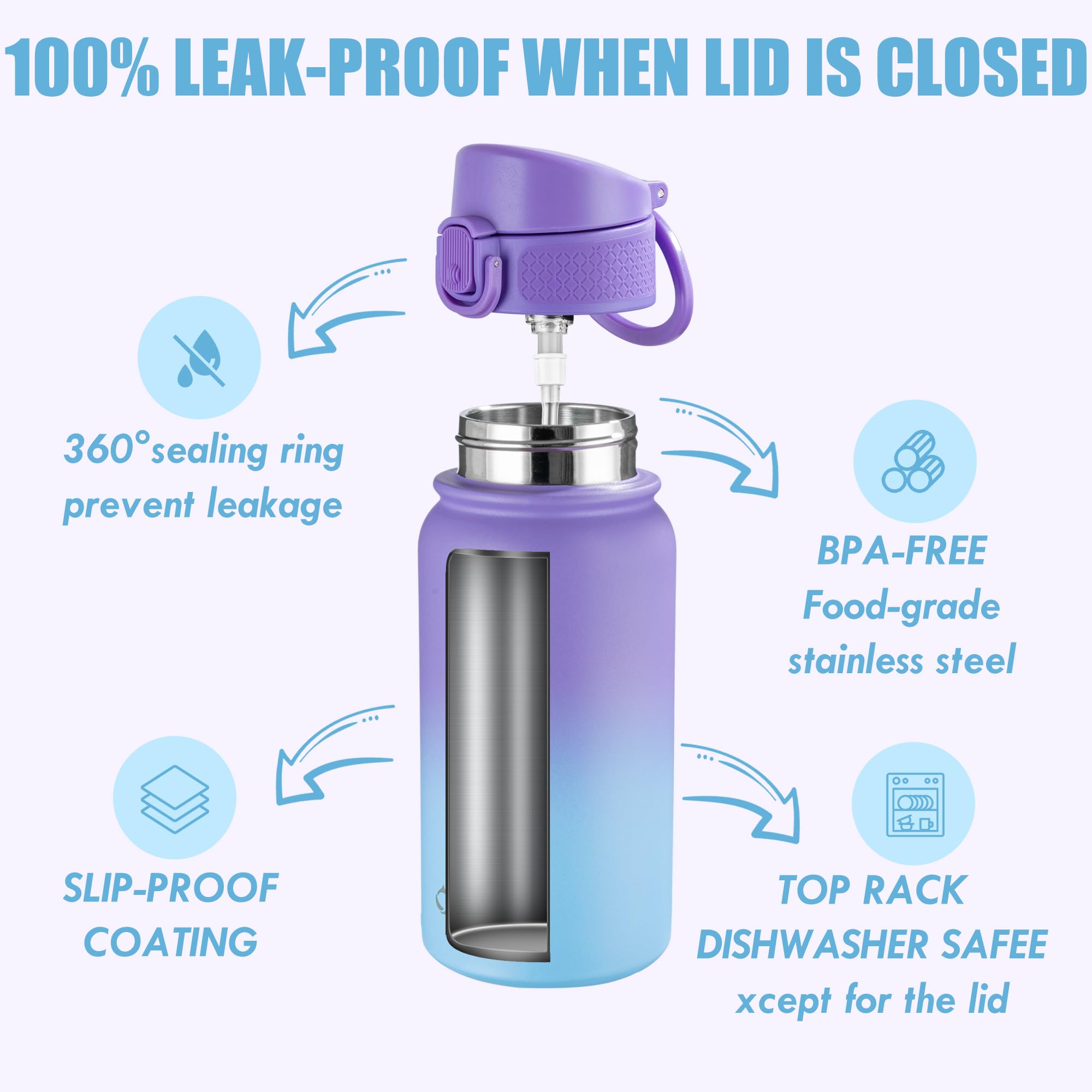 Oldley 12Oz Kids Water Bottle, Stainless Steel Insulated Water Bottle For Kids, With Straws Leak-Pr