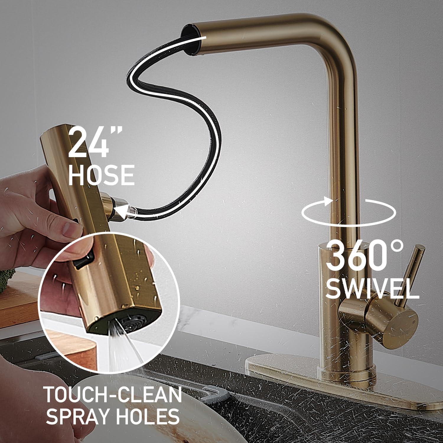 Zoriou Kitchen Faucets With Pull Down Sprayer, Brushed Gold Waterfall Kitchen Sink Faucet With Soap Dispenser, Single Hole Stainless Steel Kitchen Faucet, Modern Single Handle Pull Out Kitchen Faucet