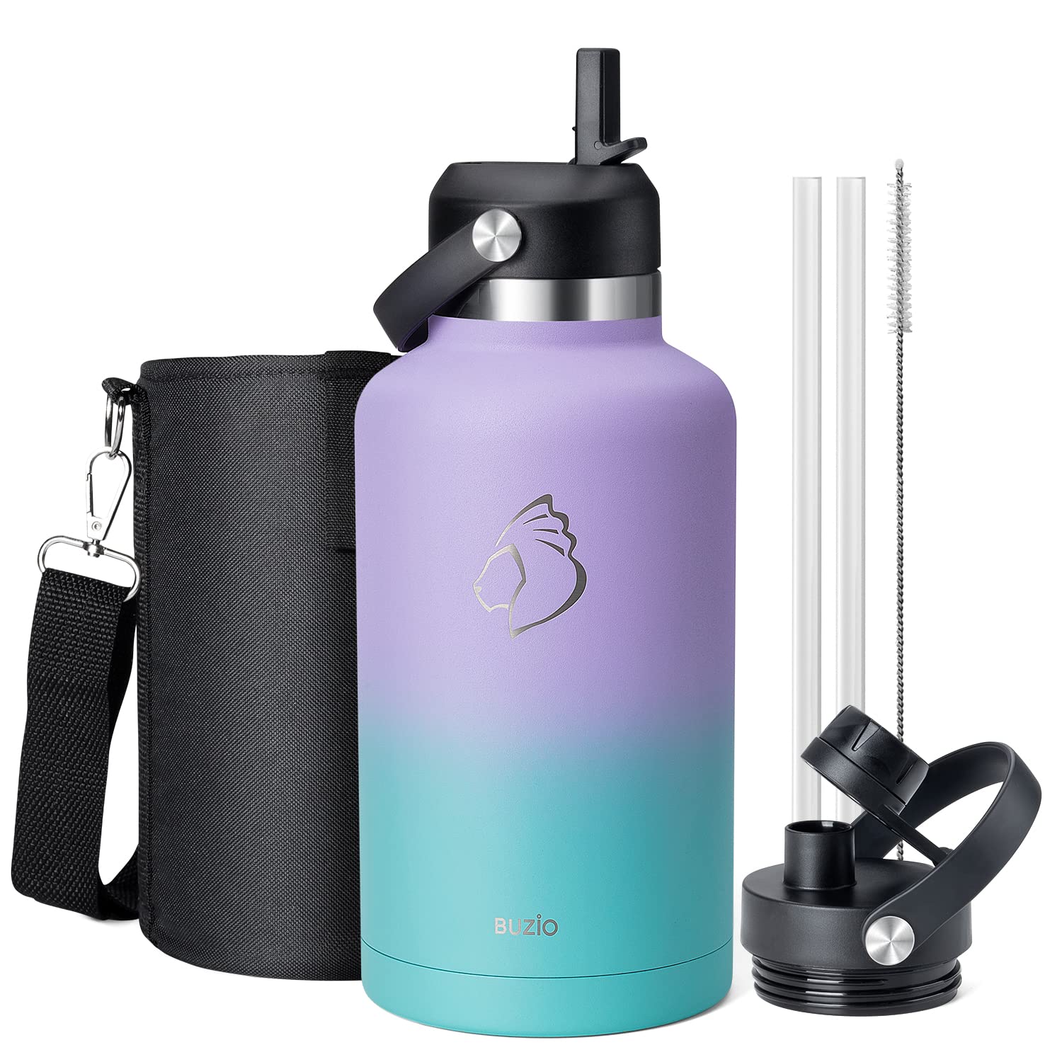64Oz Insulated Water Bottle With Straw Spout Lid, Buzio Half Gallon Stainless Steel Water Bottles