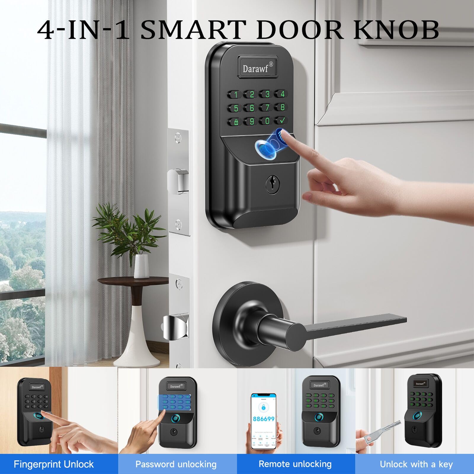 Darawf Fingerprint Door Lock With 2 Lever Handles - Keyless Entry Smart Deadbolt,Electronic Keypad Lock With Auto Lock,Bluetooth,App Control,Digital Code,Password,Key,Front Door Handle Set,Easy Installation