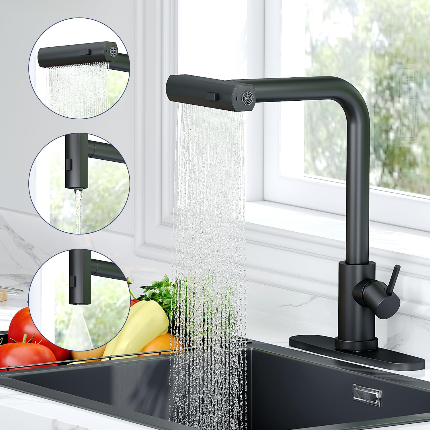 Loread Kitchen Faucets With Pull Down Sprayer For 3 Function,Waterfall Kitchen Sink Faucet,Commercial Modern Single Handle Stainless Steel Kitchen Sink Faucets With Pull Down Sprayer
