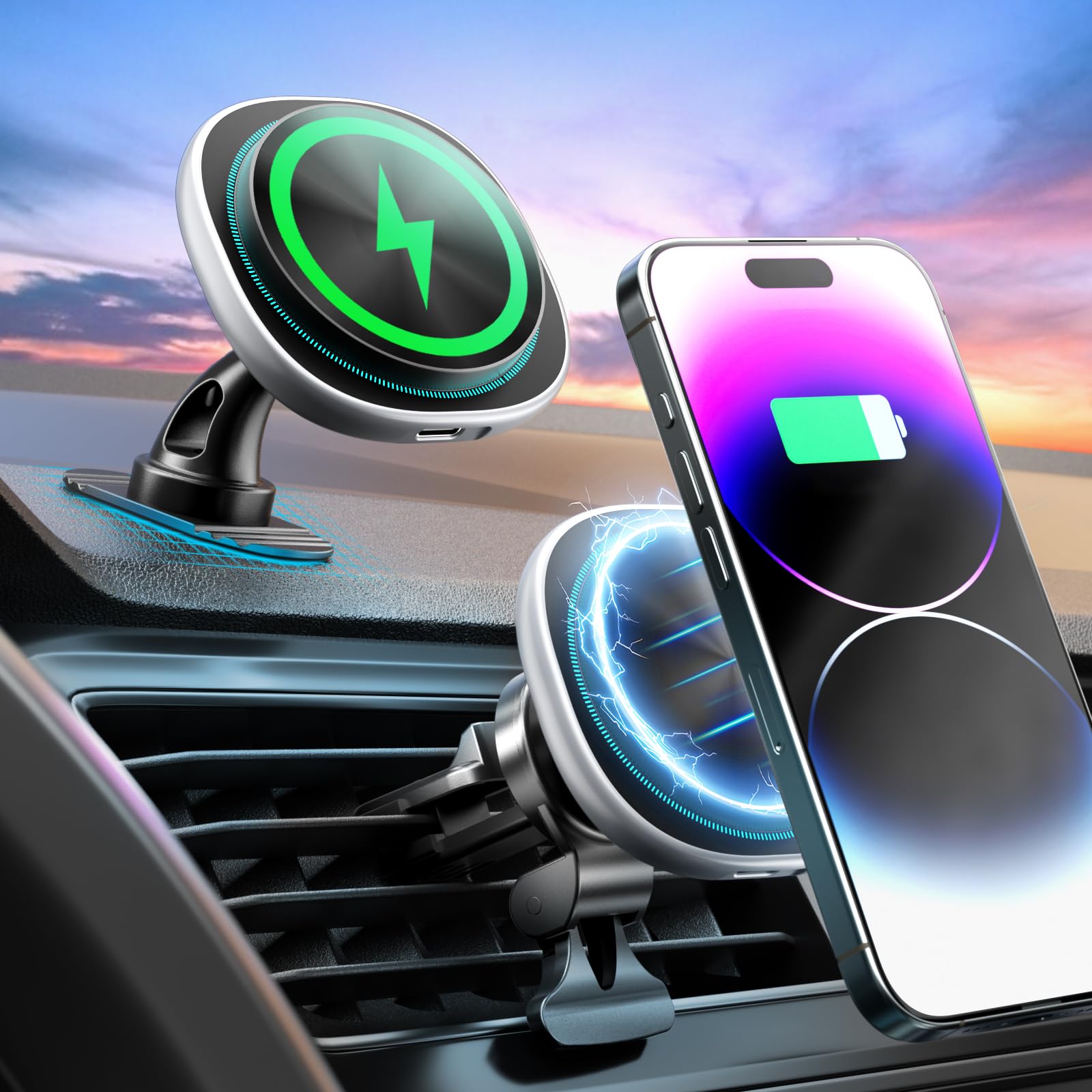 Jimillys Magsafe Car Mount Charger, 15W Fast Charging Strong Magnetic Phone Holder, Air Vent/Dashboard Wireless Charger For Iphone 16/15/14/13/12 Accessories