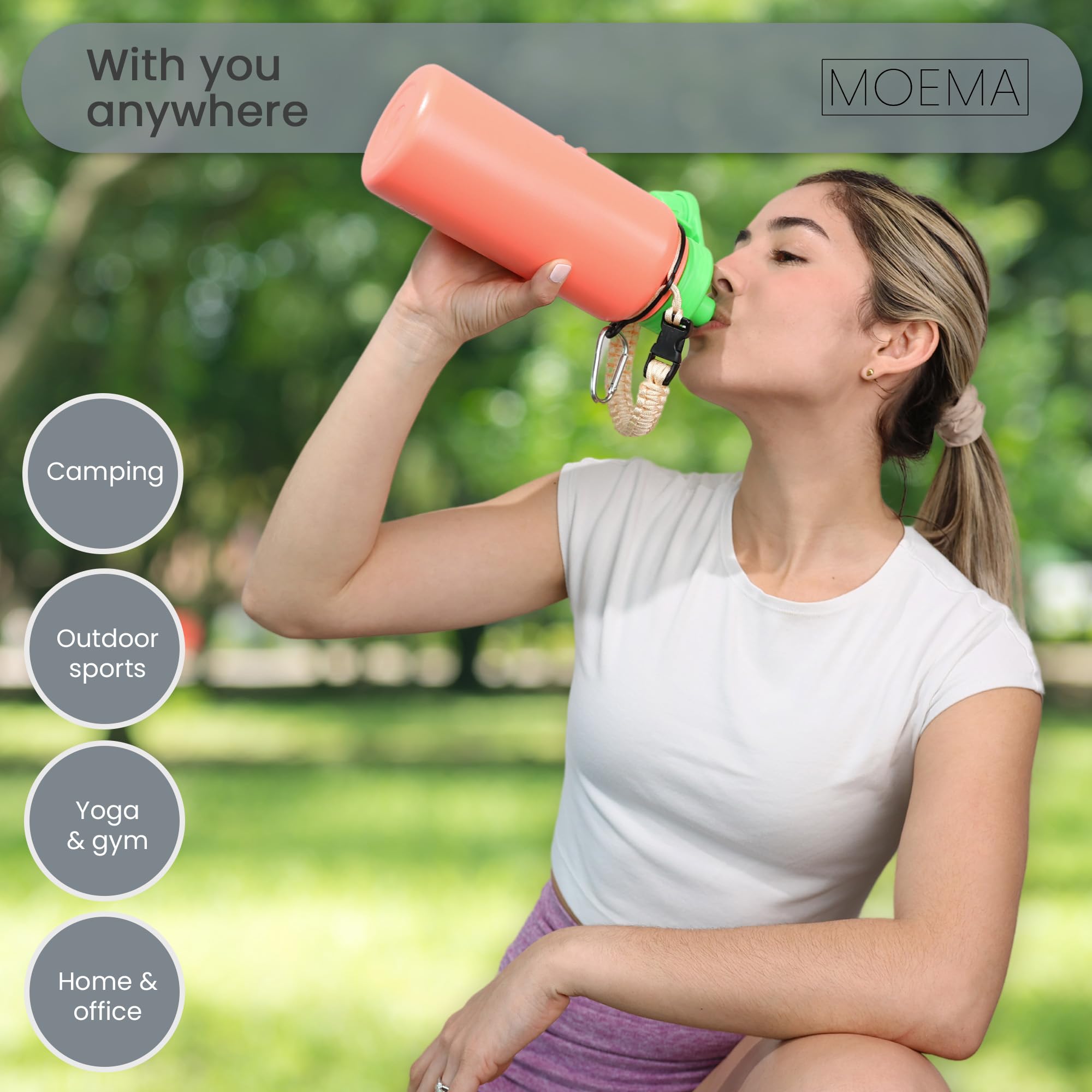 32Oz Insulated Water Bottle With Paracord Handle And Straw, Stainless Steel Cup With 2 Lids & Straw