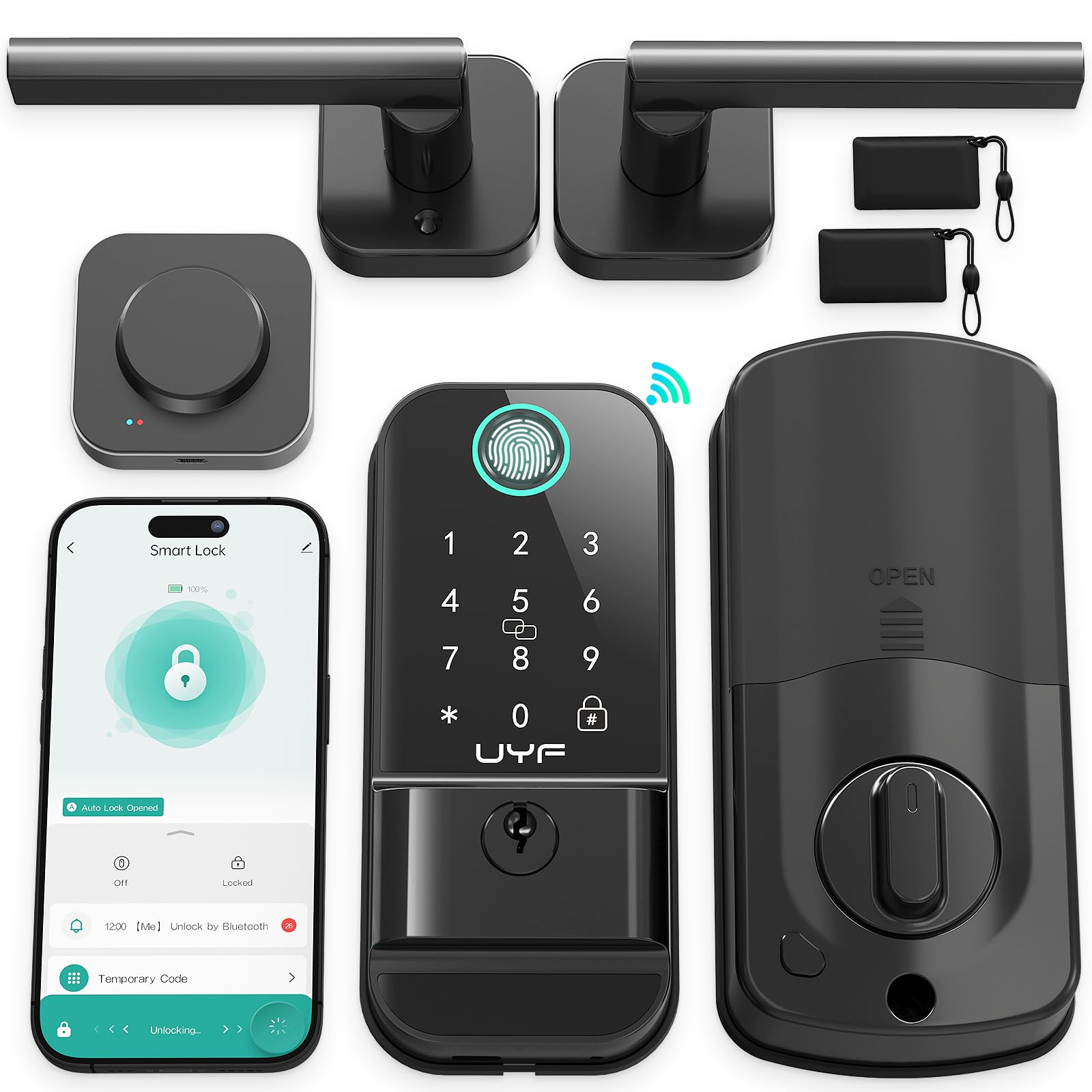 Uyf Wifi Smart Lock For Front Door: Keyless Entry Door Lock Deadbolt With Handle Set Fingerprint Electronic Keypad Door Lock Alexa Bluetooth Code Auto Lock For Home Apartment Black