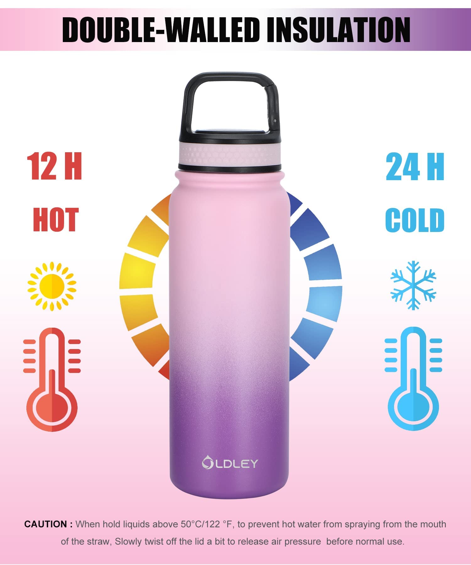 Oldley Water Bottles 20 Oz Insulated Water Bottle With Straw 3 Lids,Vacuum Stainless Steel