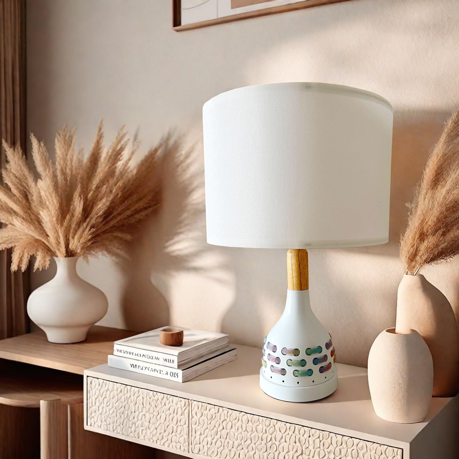 Jingoe 17'' Modern Bedroom White Table Lamp Set Of 2 With Night Light For Bedroom Living Room Bedside Nightstand Lamp Farmhouse (Includes 2 Bulbs)