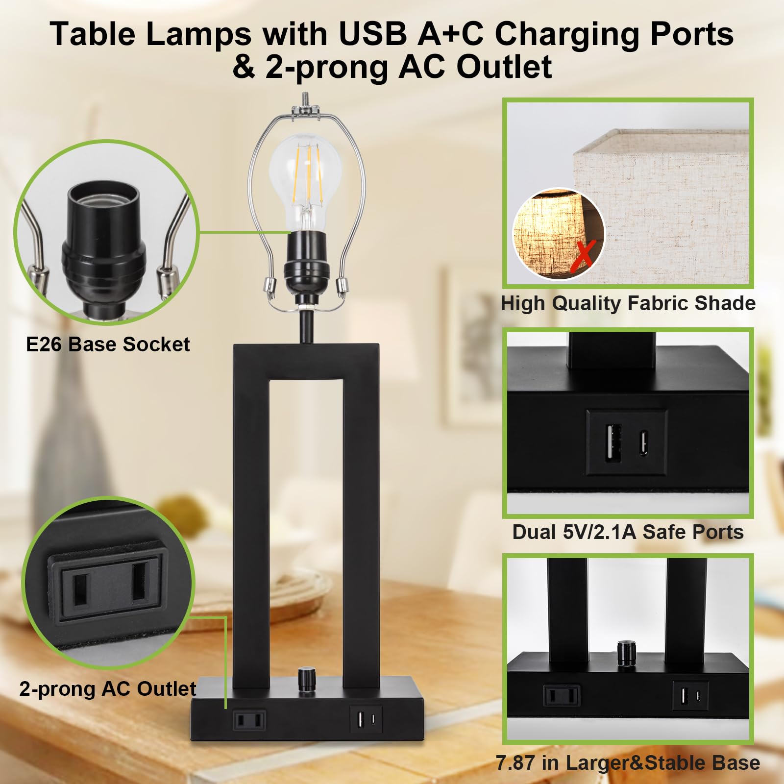 Vikdio Modern Table Lamps Set Of 2-22" Tall Bedside Lamps With Usb-C/Usb-A Charge Ports & Outlet, Stepless Dimmable Fabric Cream Shade Nightstand Lamps For Bedroom & Living Room