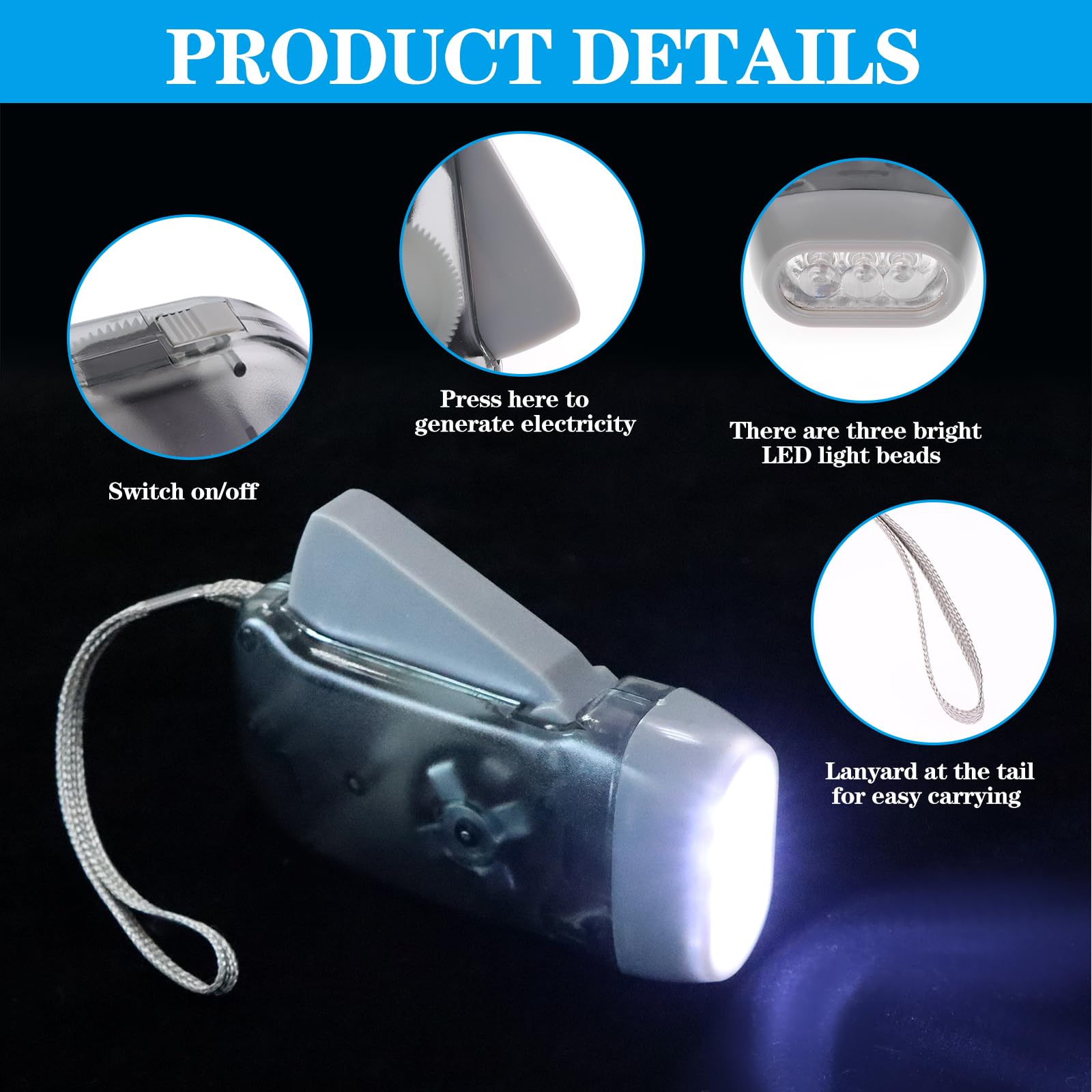 Droutti 60 Pcs Hand Crank Flashlight Handpress Flashlights 3 Led Powerful Emergency Safety Tool Manual Powered Light No Battery Required Torch For Camping Hiking Outdoor Sports