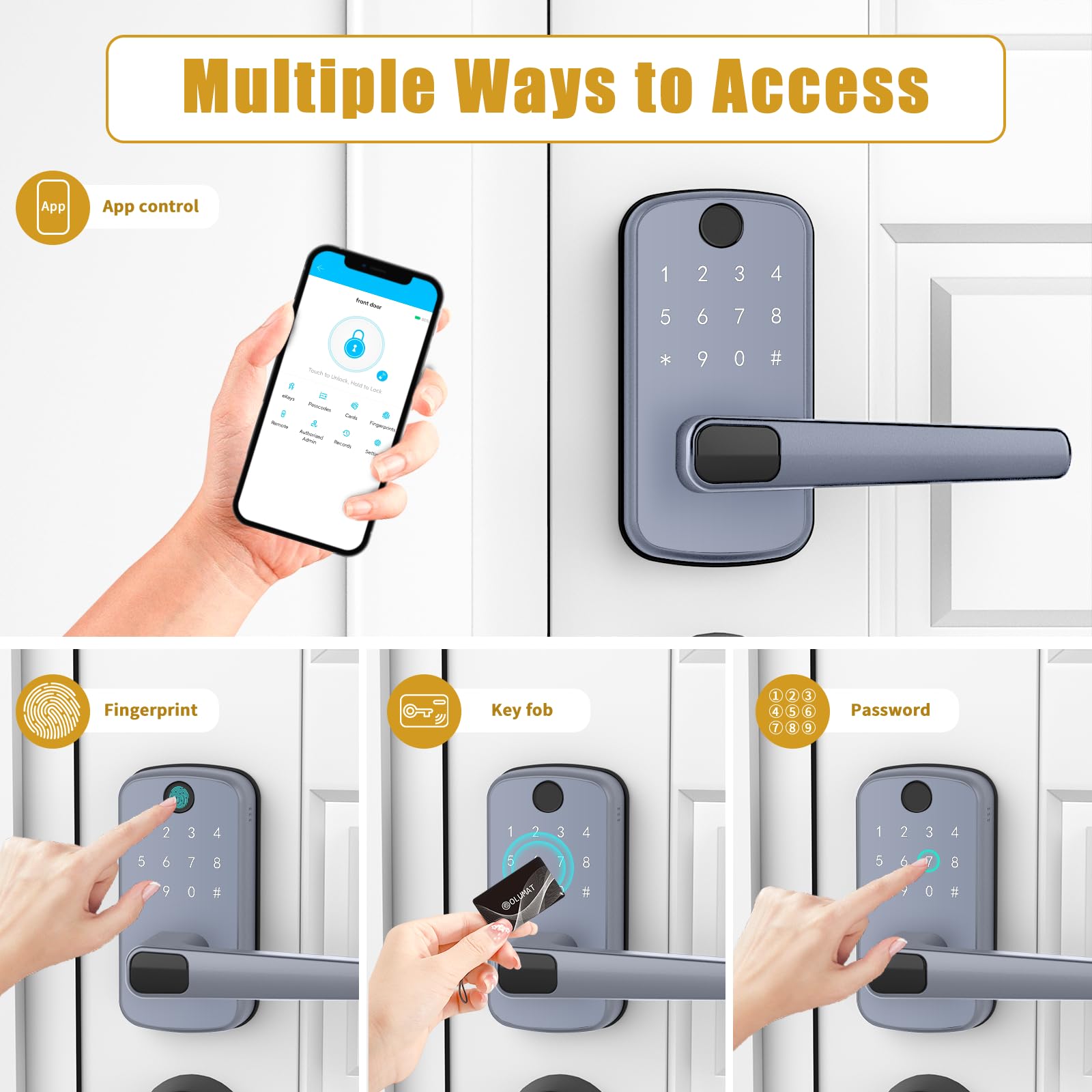 Olumat Smart Door Lock With Handle: Keyless Entry Door Lock With Keypad, Fingerprint, And App Control - Biometric Door Lock For Home Security - Easy Installation (Silver Gray)