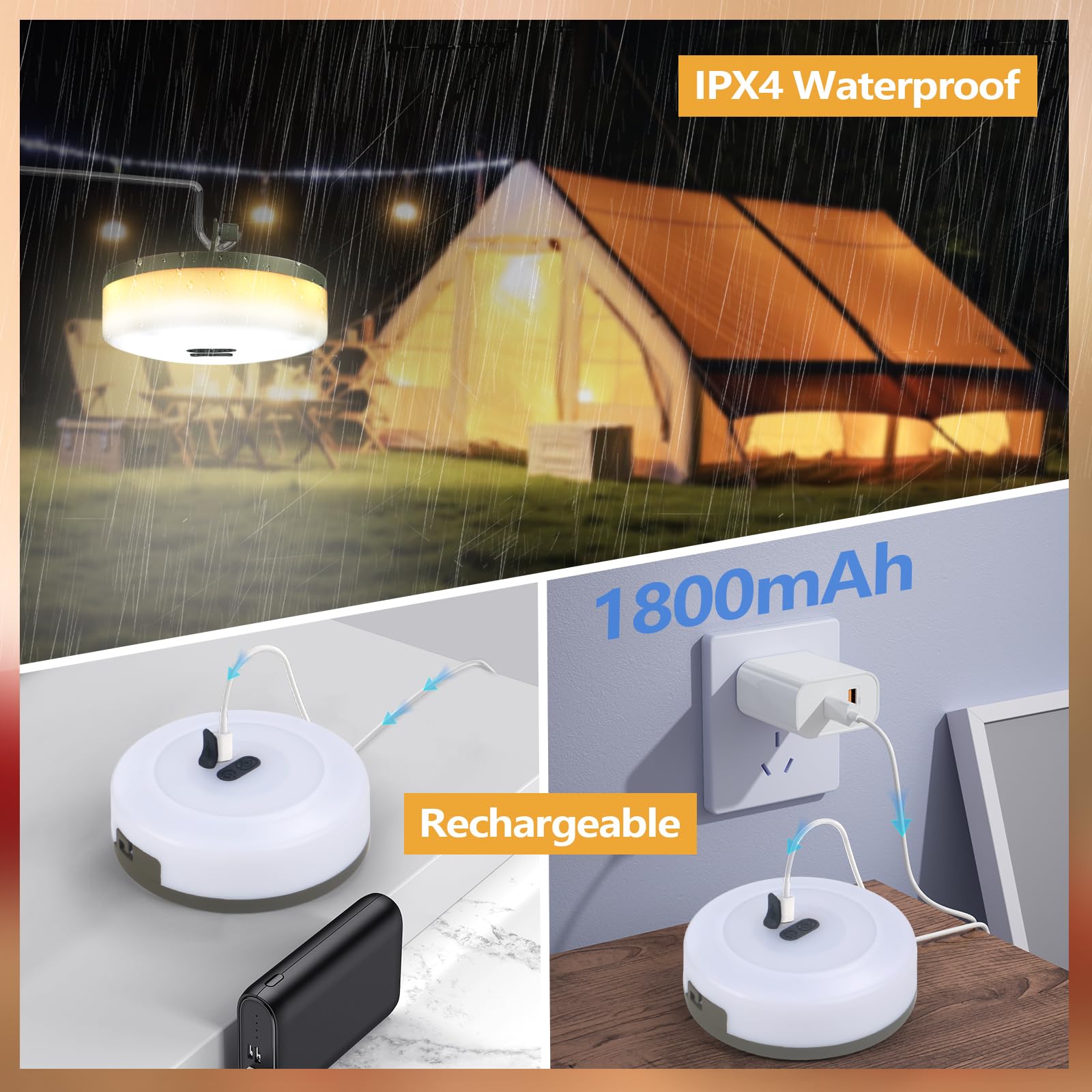 Ehome Camping String Lights, 2 In 1 Tent Lights With 8 Lighting Modes 32.8Ft Rechargeable Waterproof Portable Led Tent Lights For Camping, Camp Light For Camping, Yard, Hiking, Garden Party Decor