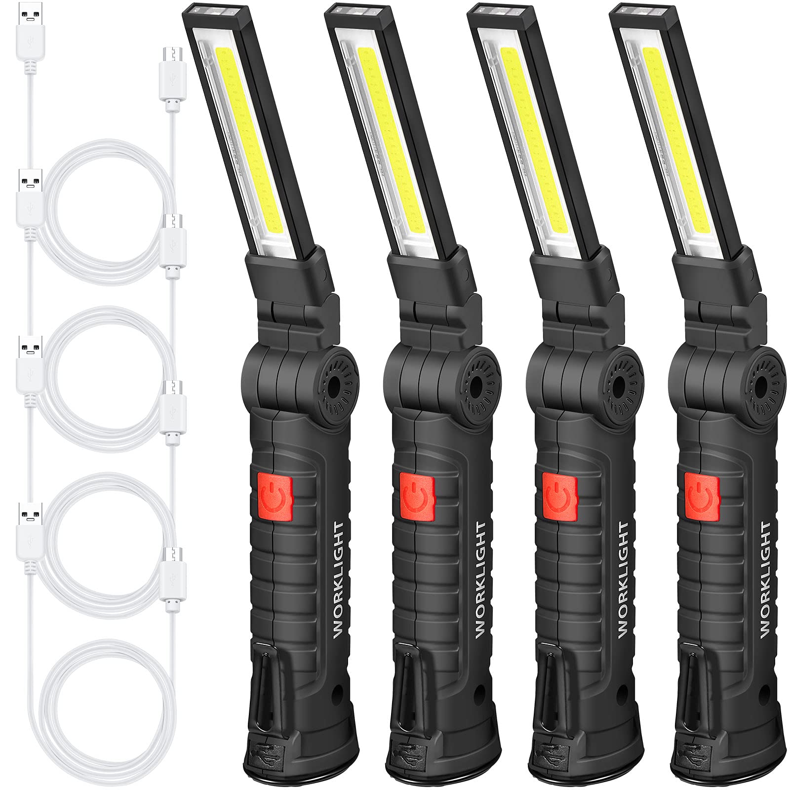 Honoson 4 Pieces Led Work Light Cob Rechargeable Work Flashlight With Magnetic Base, Hanging Hook And 360° Rotate 5 Modes Portable Led Flashlight For Car Repair, Household And Outdoor(Large)